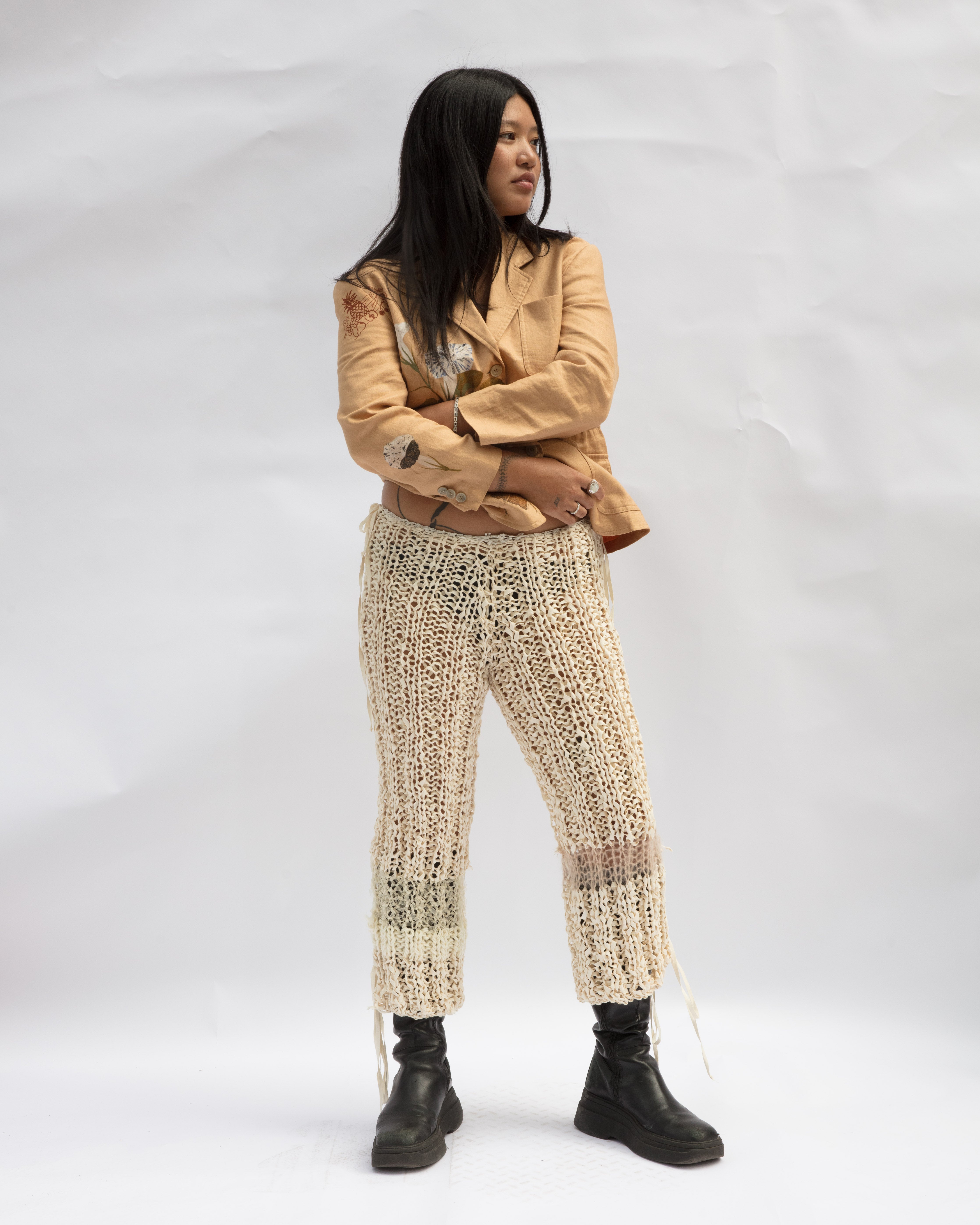 ivory mixed yarn hand knit pants – grace land