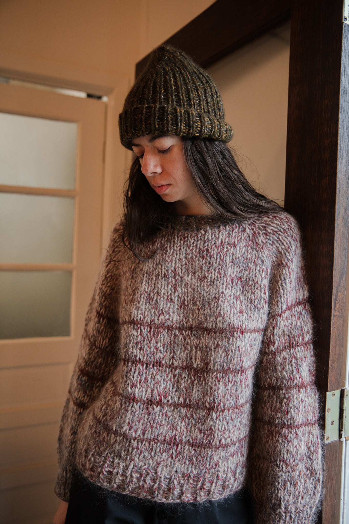 gray and pink w/ cranberry stripe hand knit sweater