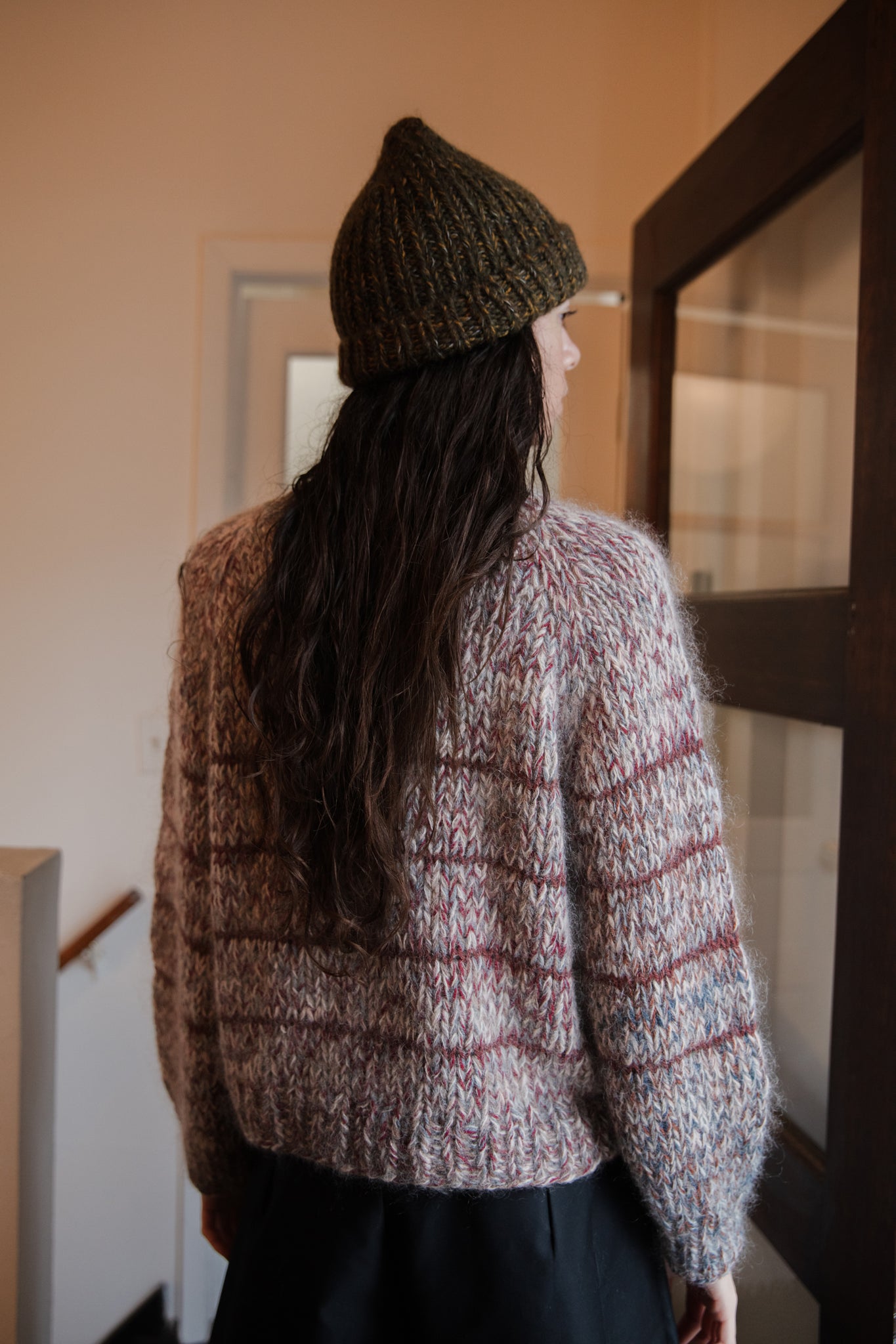 gray and pink w/ cranberry stripe hand knit sweater
