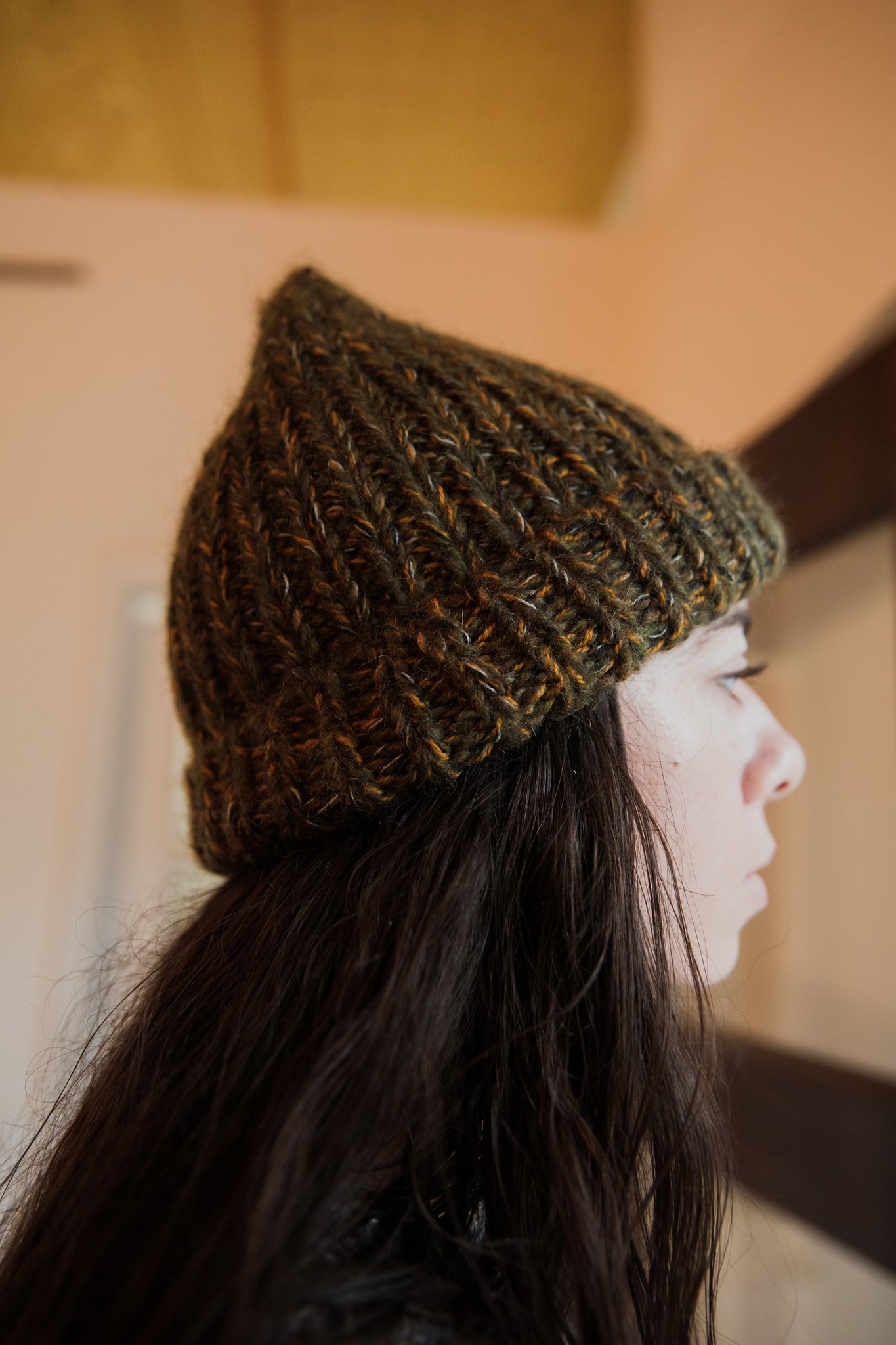 dark green and gold marle hand knit cap