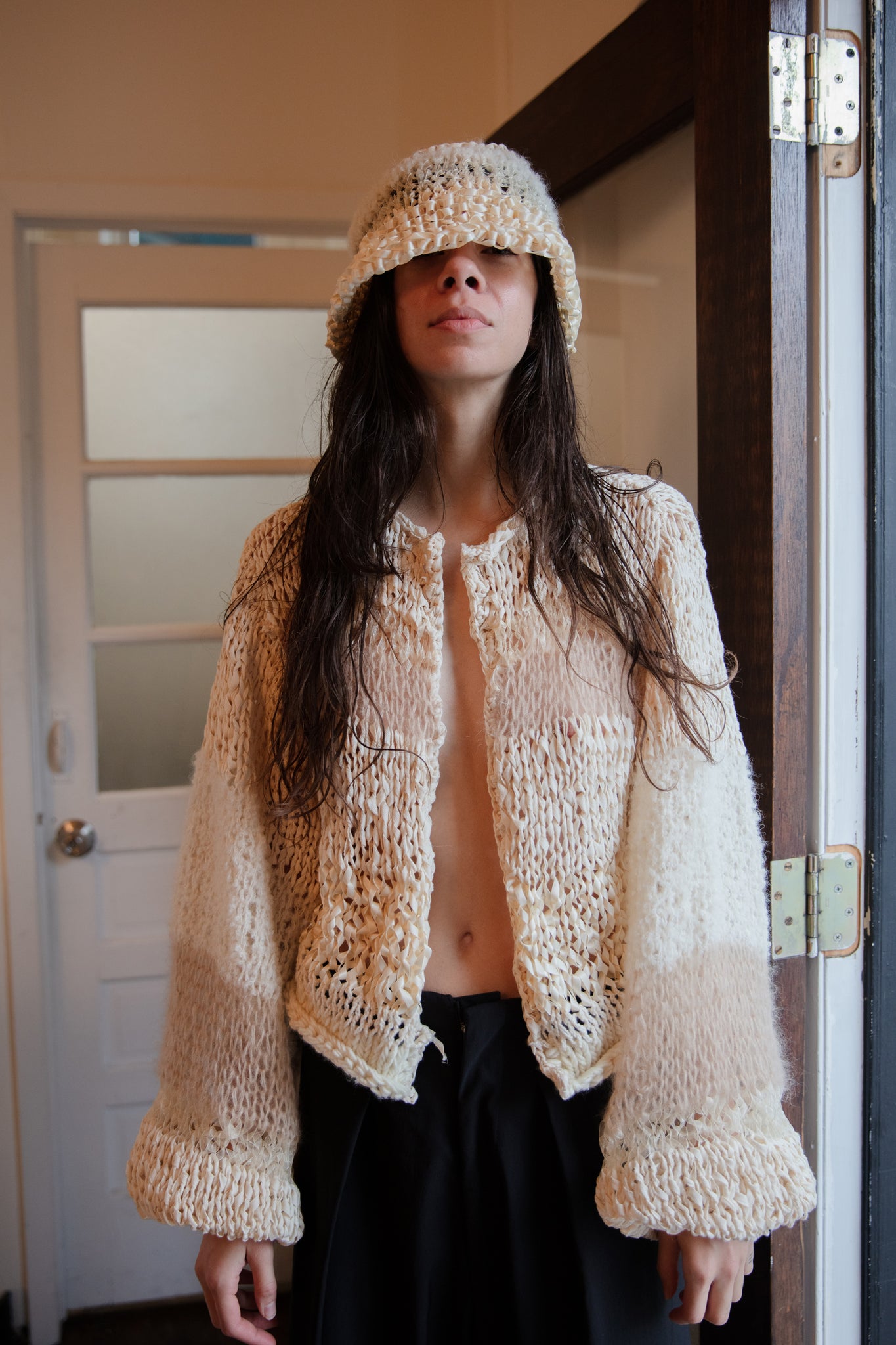 tonal ivory mixed yarn hand knit cardigan