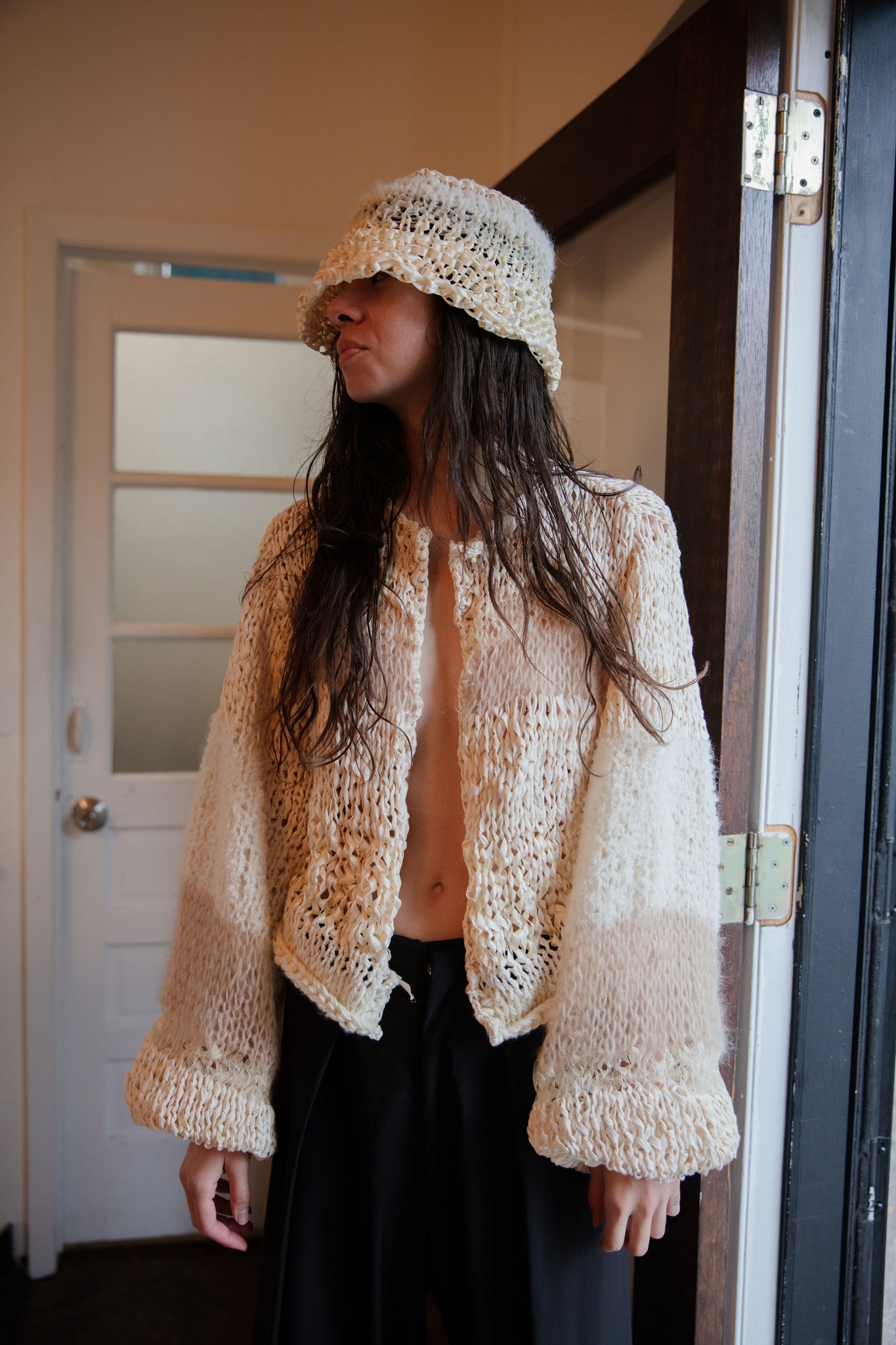 tonal ivory mixed yarn hand knit cardigan