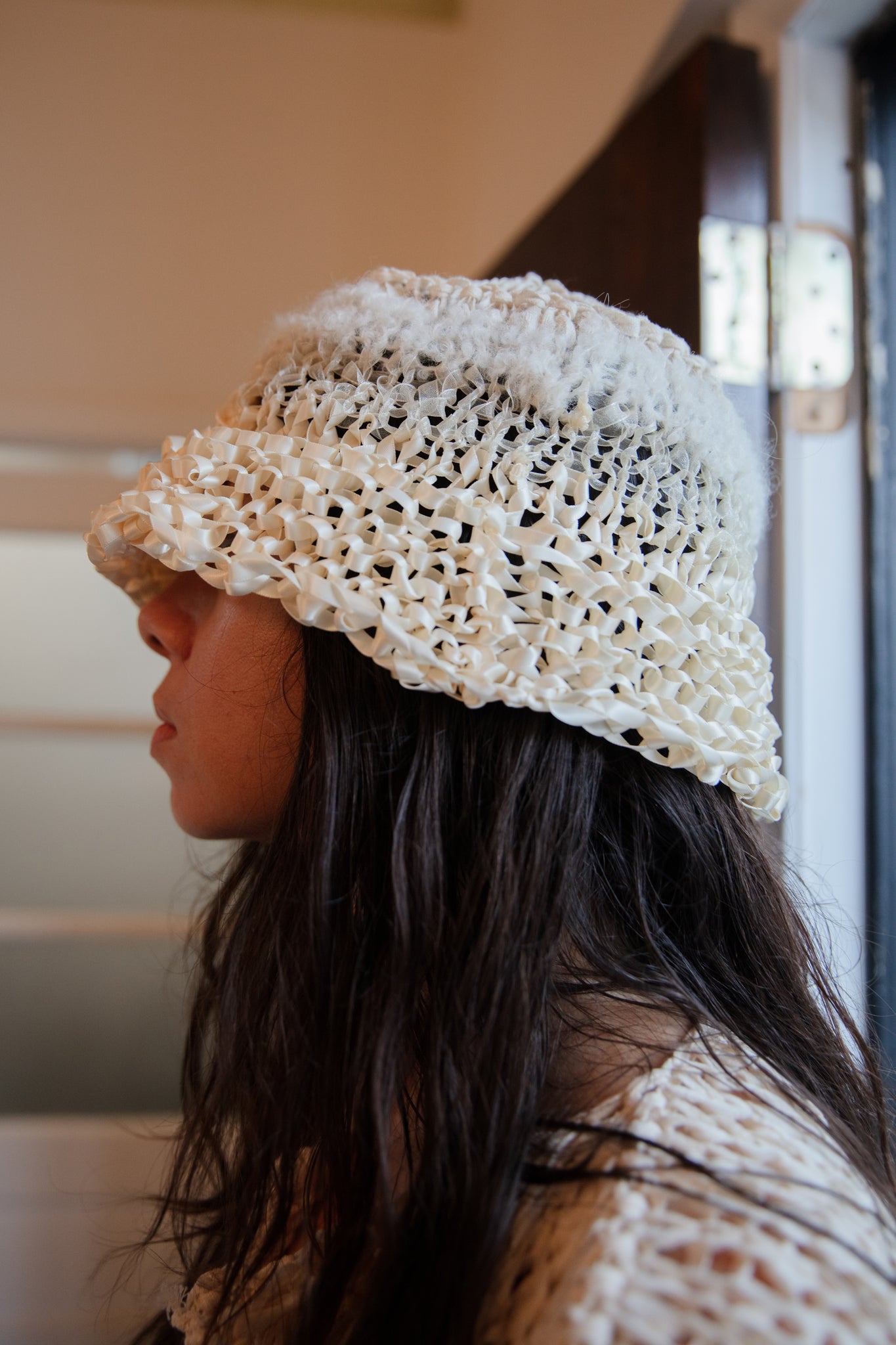 tonal ivory mixed yarn hand knit bucket hat