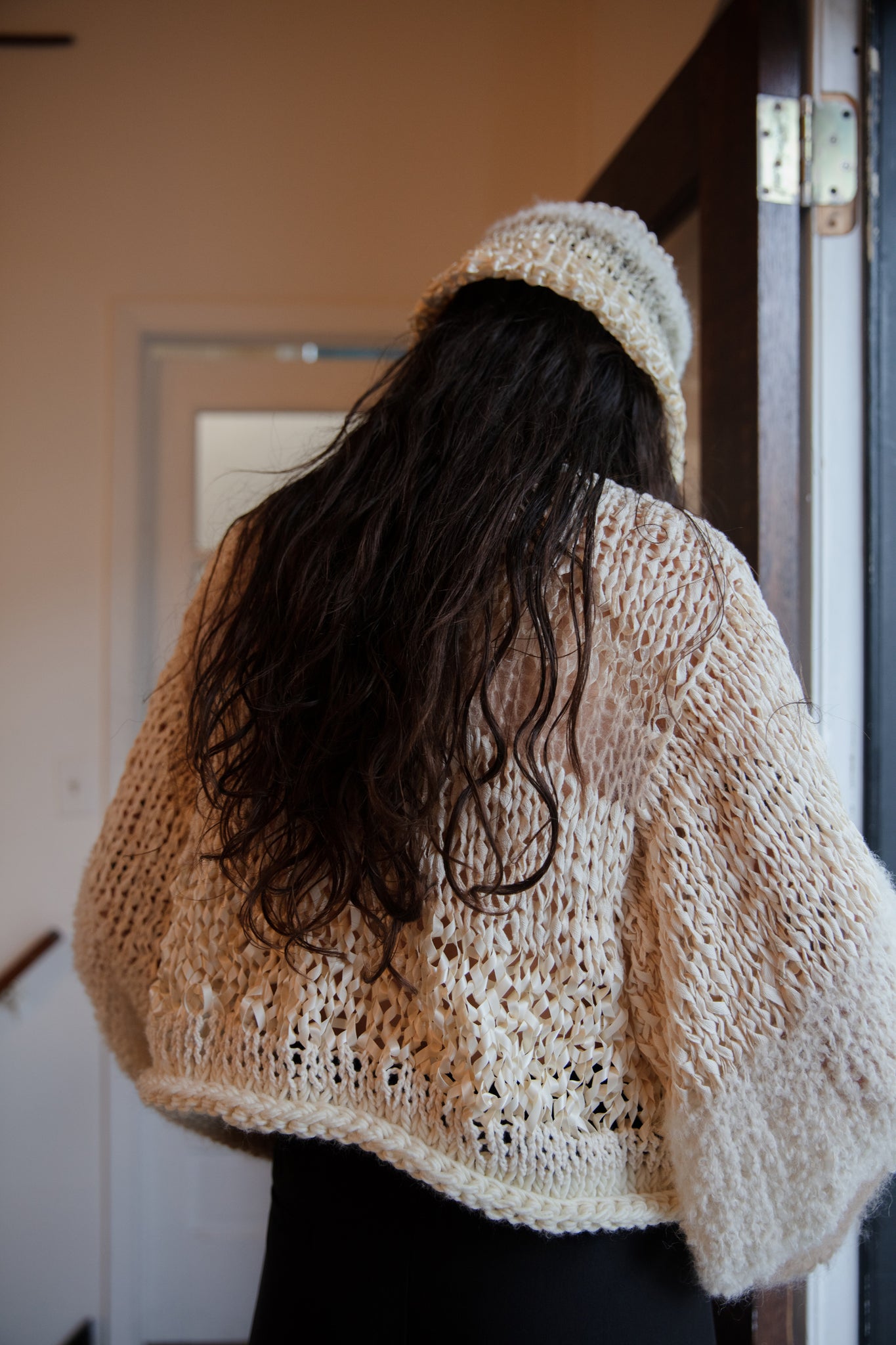 tonal ivory mixed yarn hand knit cardigan