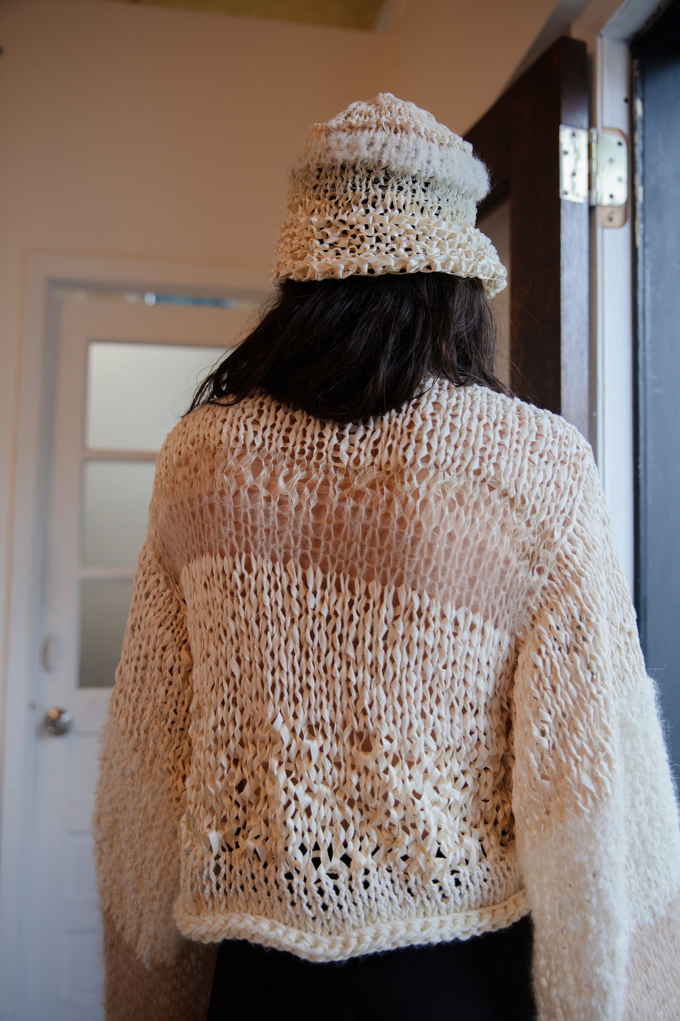 tonal ivory mixed yarn hand knit cardigan