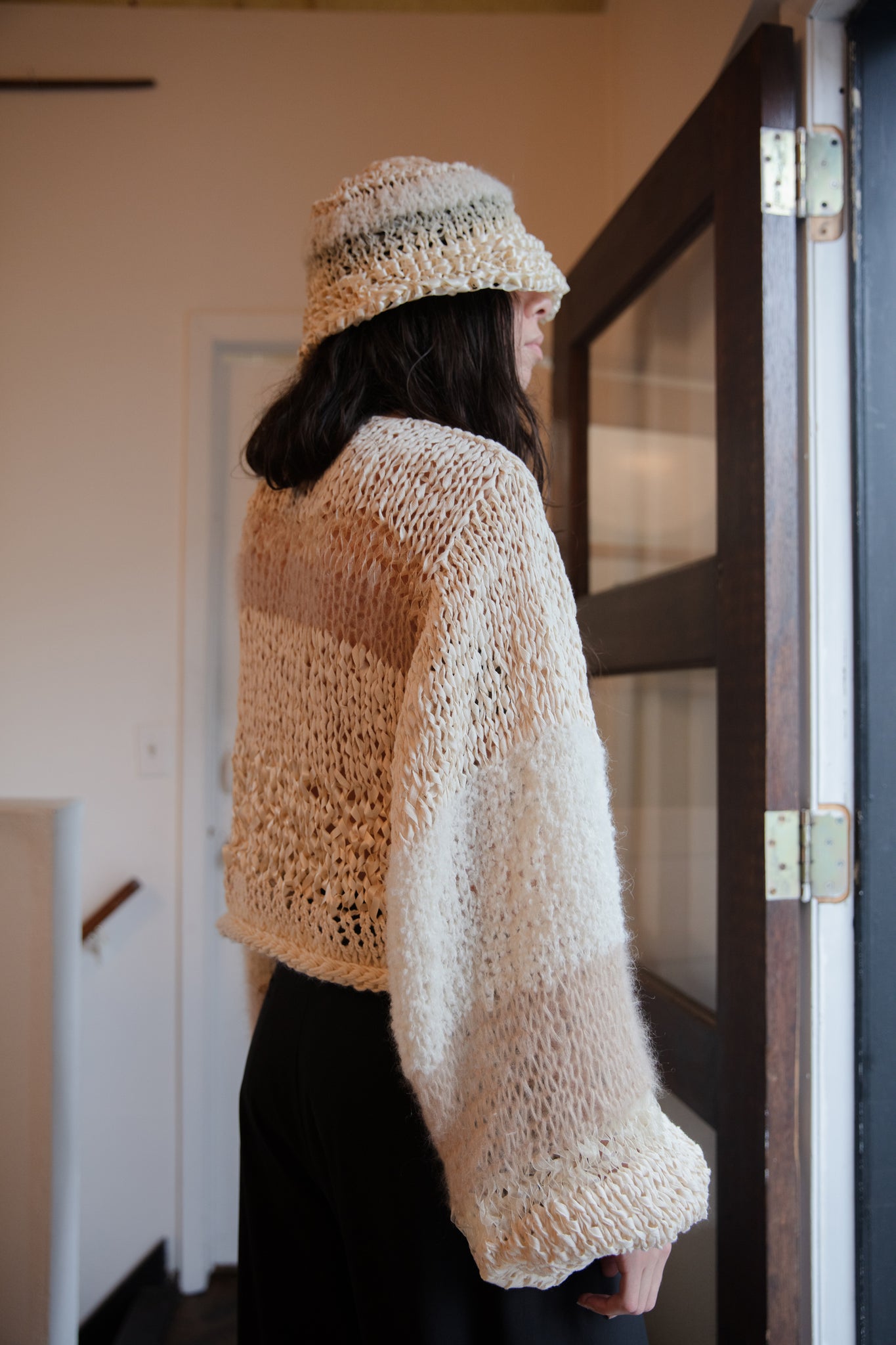 tonal ivory mixed yarn hand knit cardigan