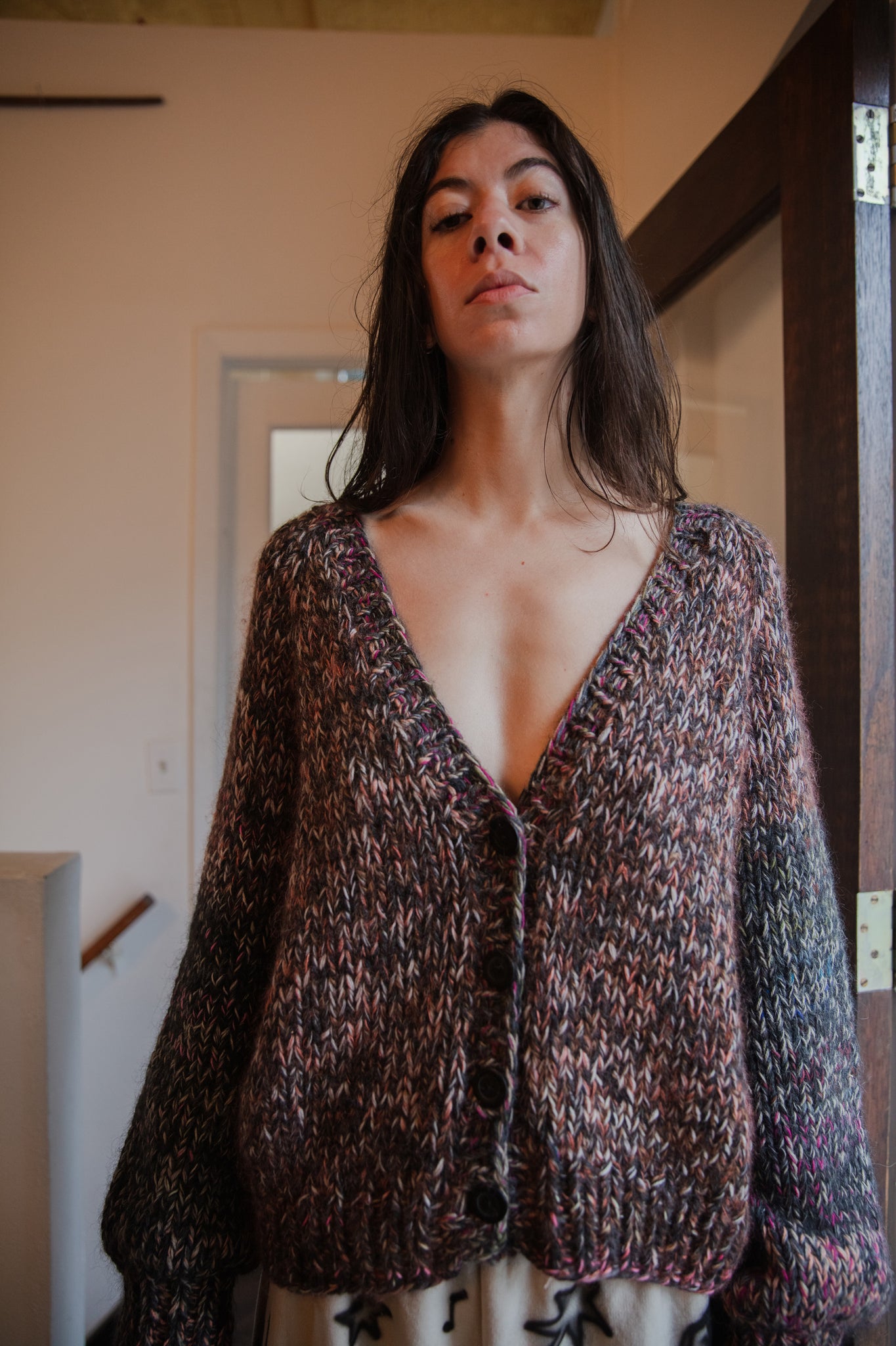 orange, brown and magenta hand knit cardigan