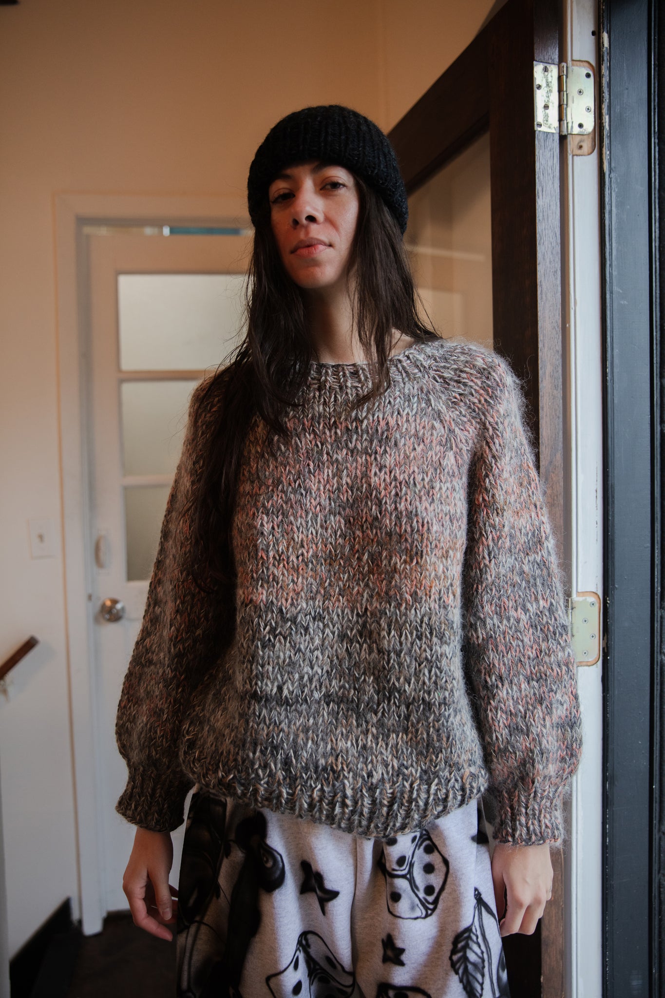 peach and grey multi hand knit sweater