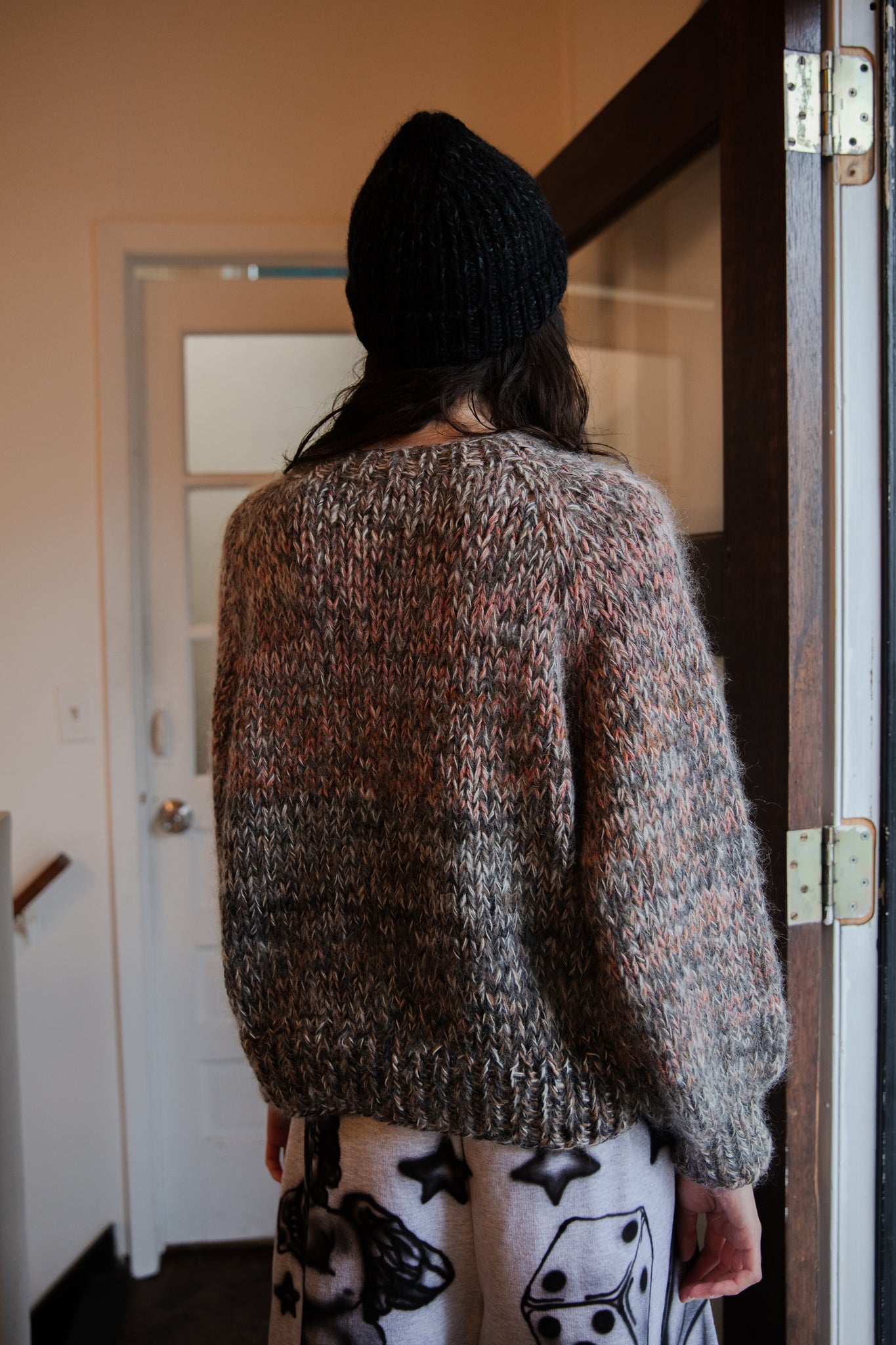 peach and grey multi hand knit sweater