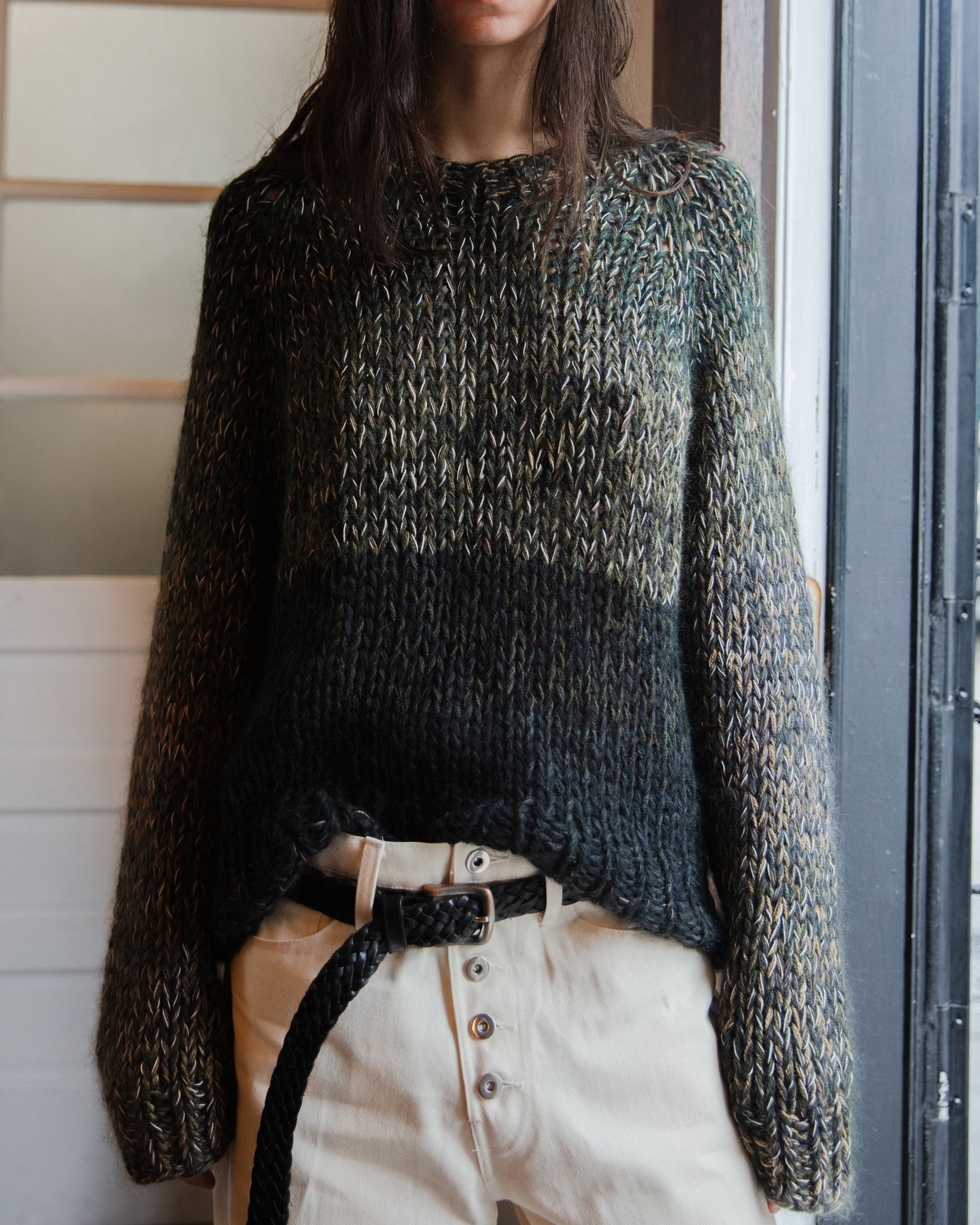 dark green and black colorblock hand knit sweater