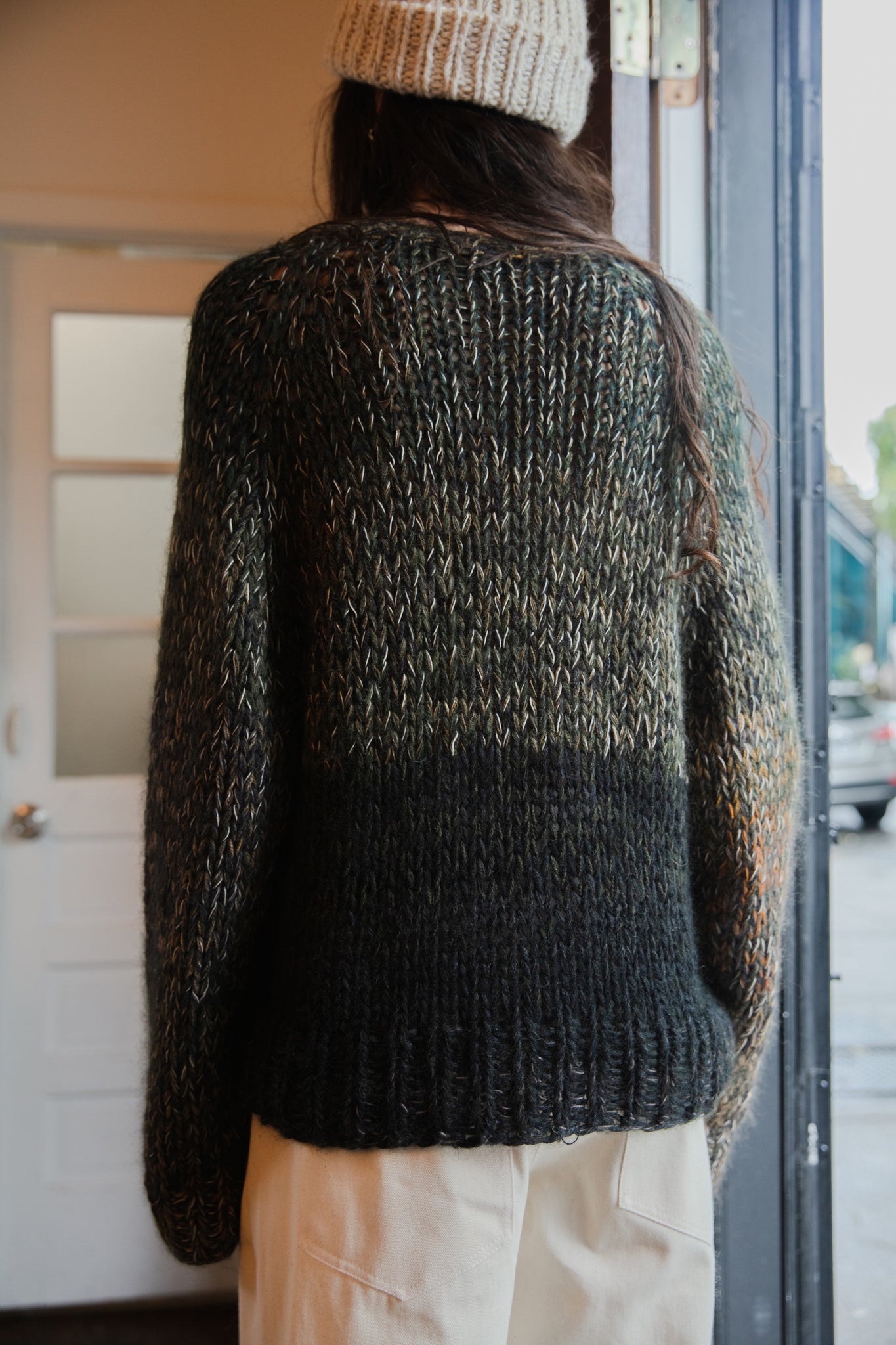dark green and black colorblock hand knit sweater