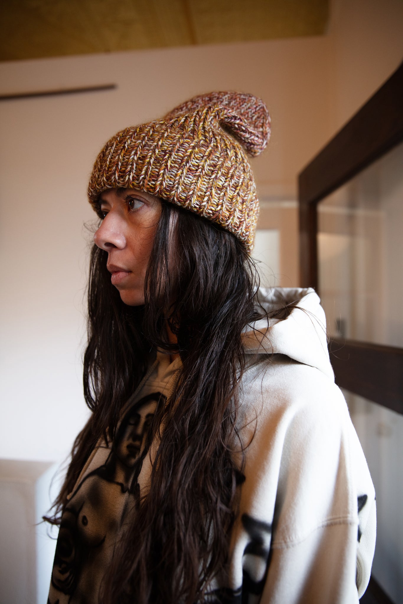 cranberry and yellow marle hand knit cap