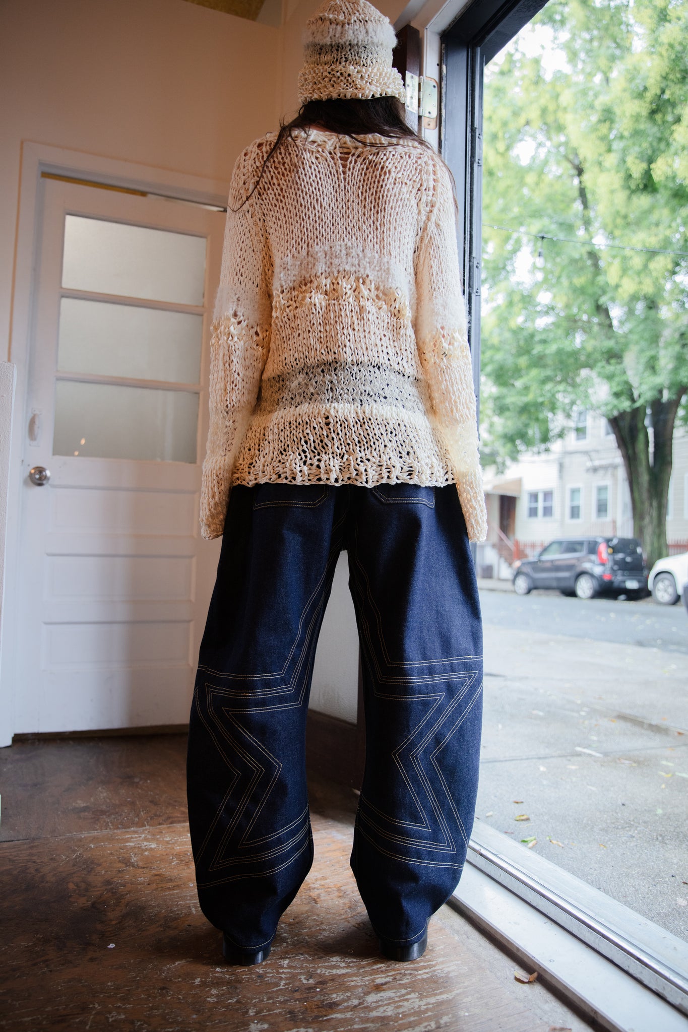 tonal ivory mixed yarn hand knit sweater