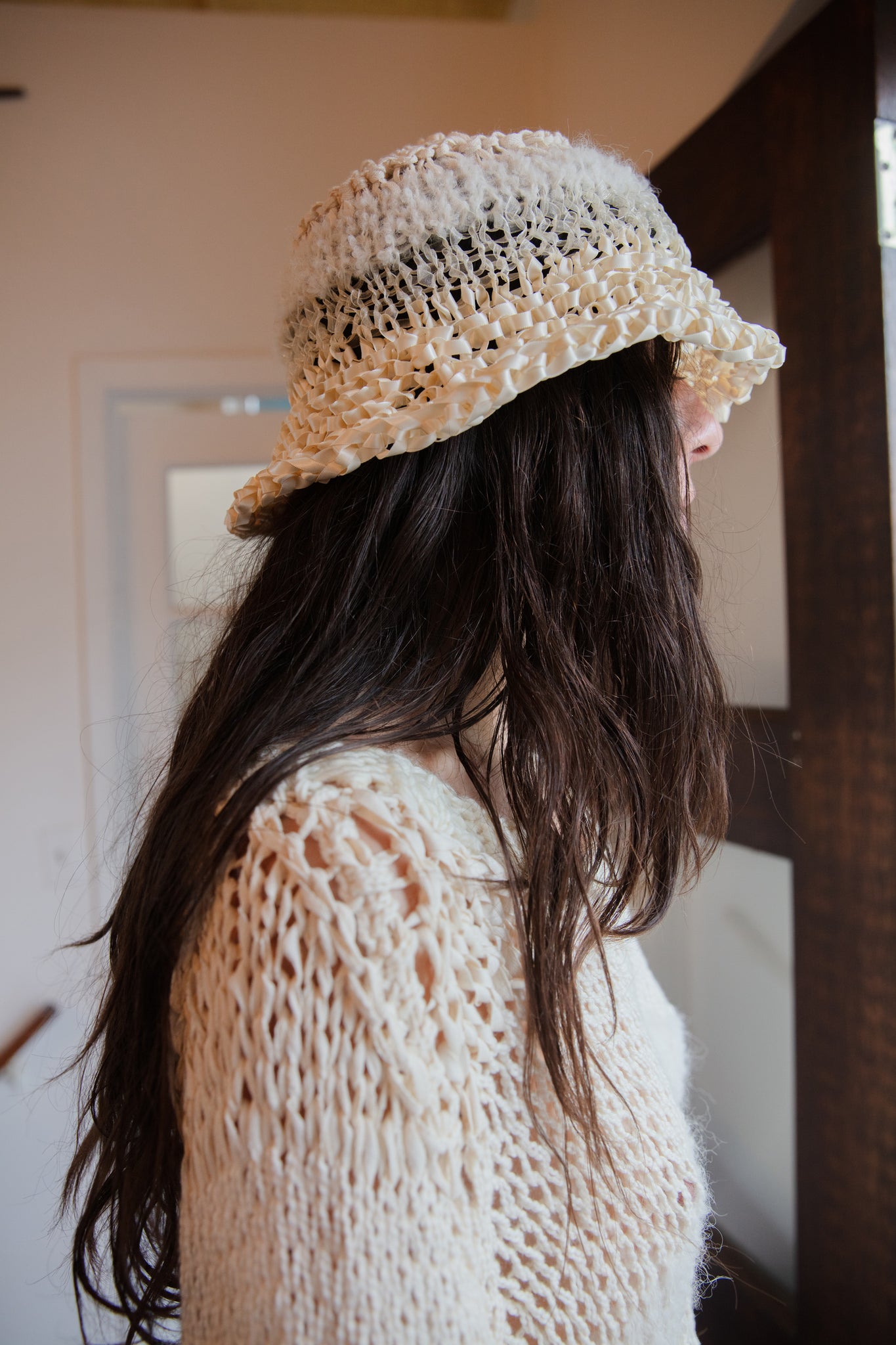 tonal ivory mixed yarn hand knit bucket hat