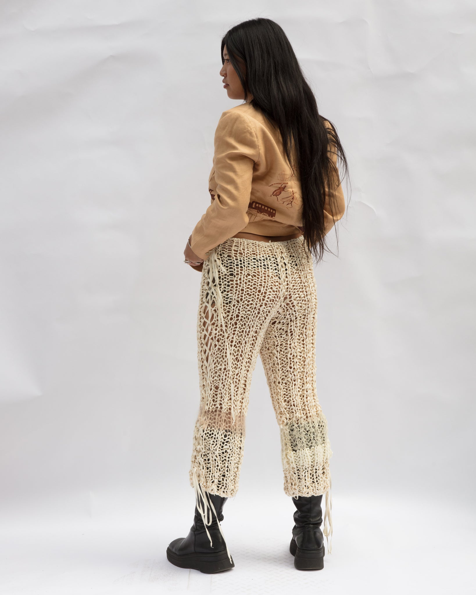 tonal ivory mixed yarn hand knit pants