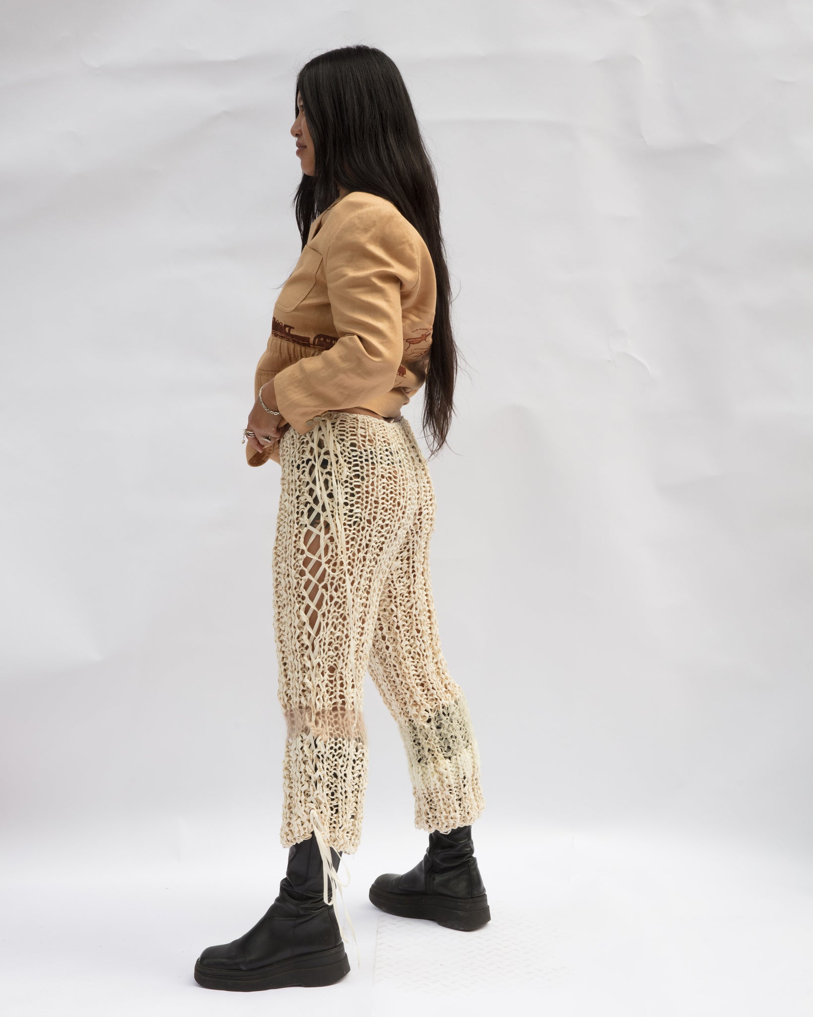 tonal ivory mixed yarn hand knit pants