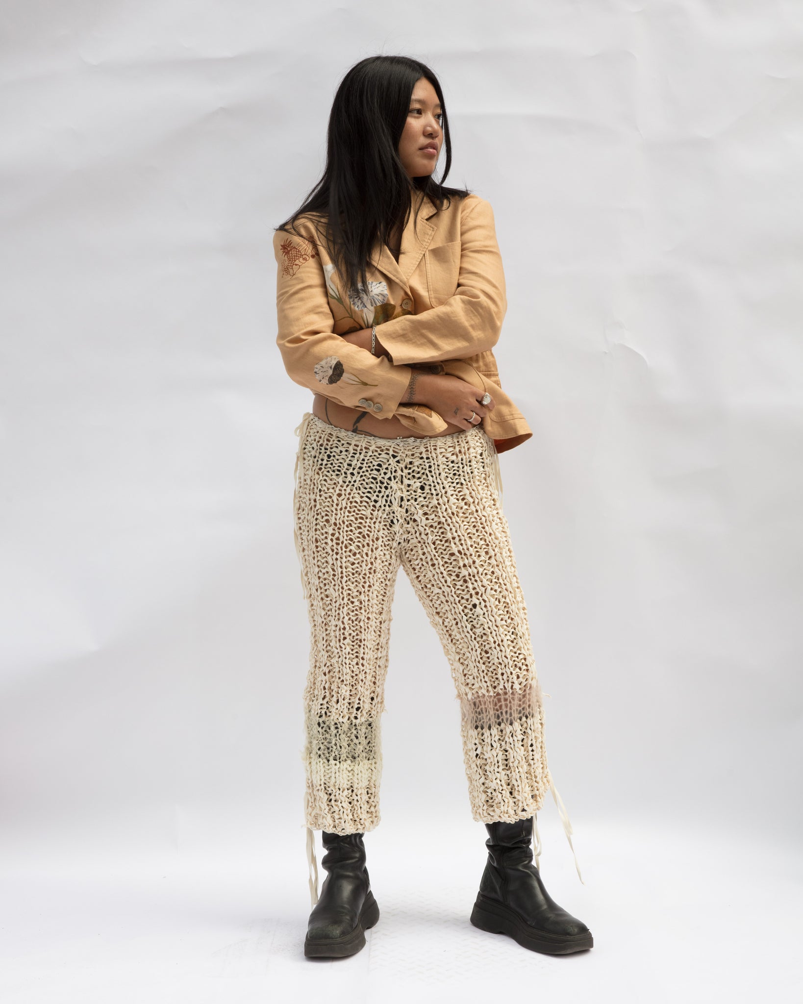 tonal ivory mixed yarn hand knit pants