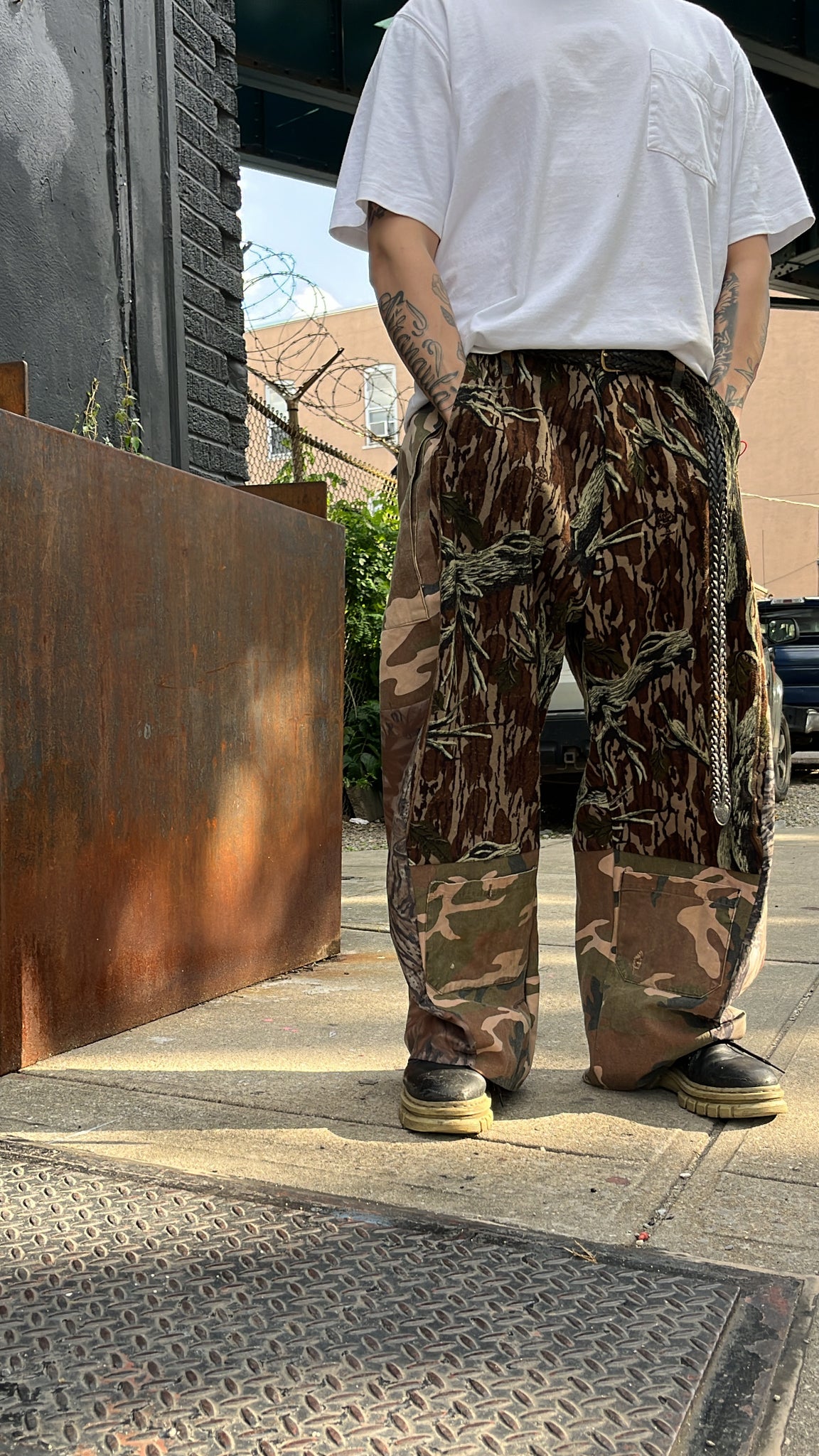 patchwork pant in camo brown and pink