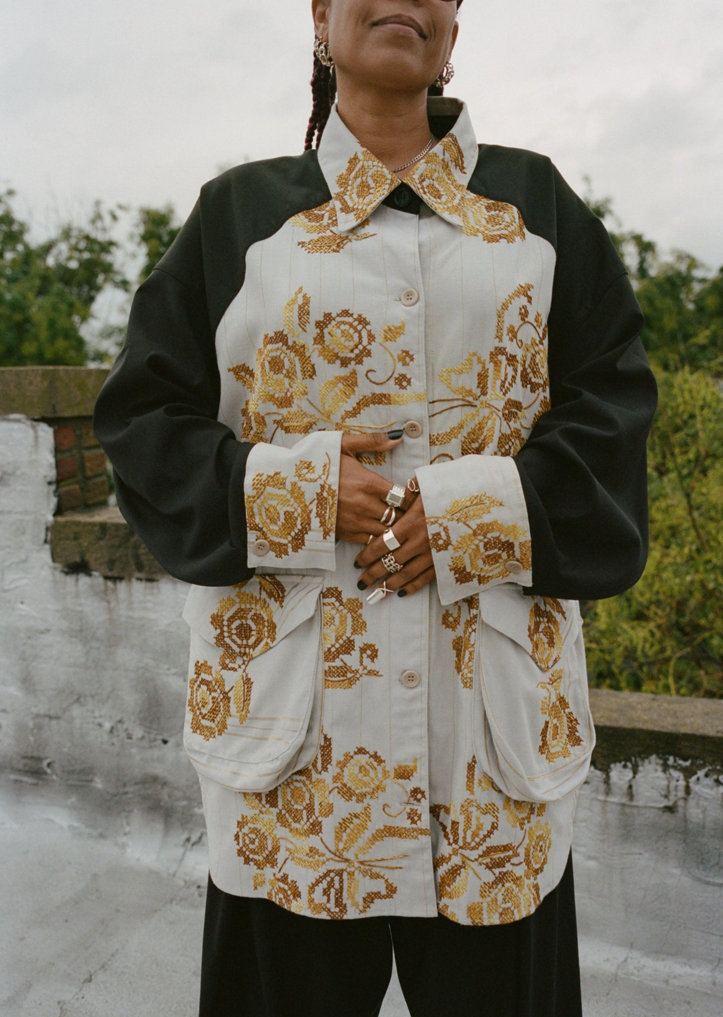 gold embroidered draped work shirt