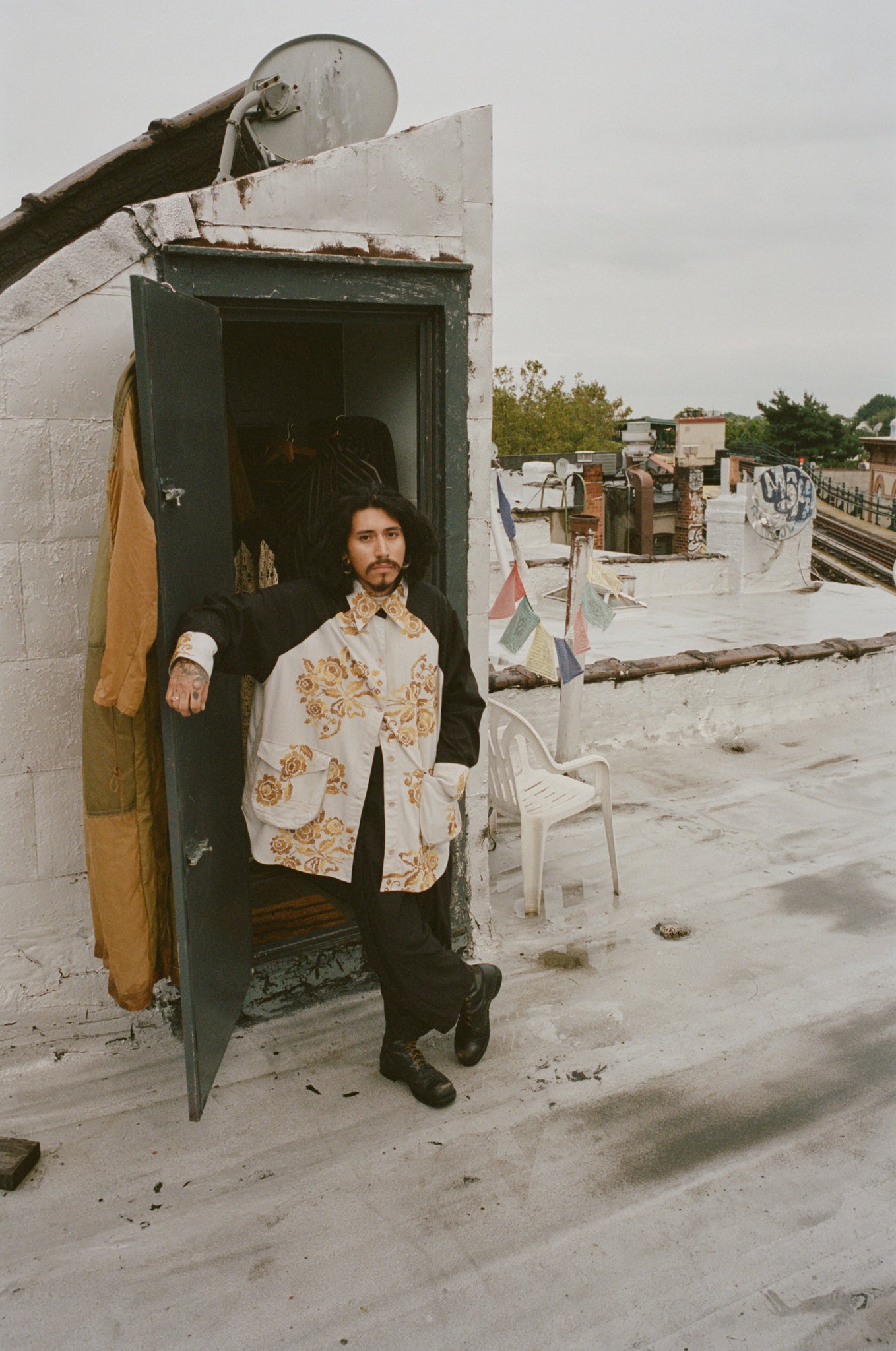 gold embroidered draped work shirt