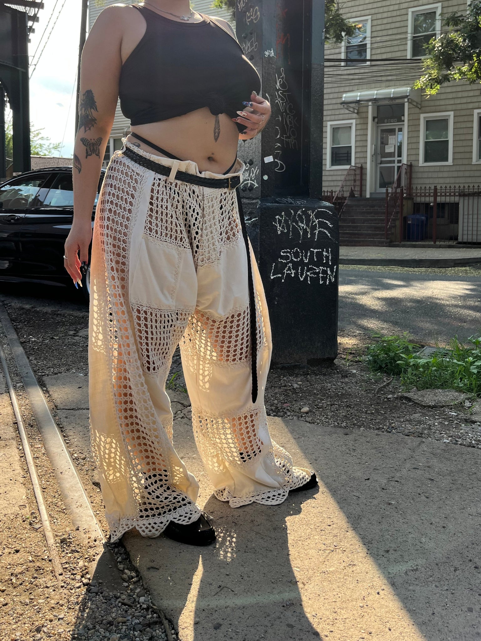patchwork pant in crochet mesh