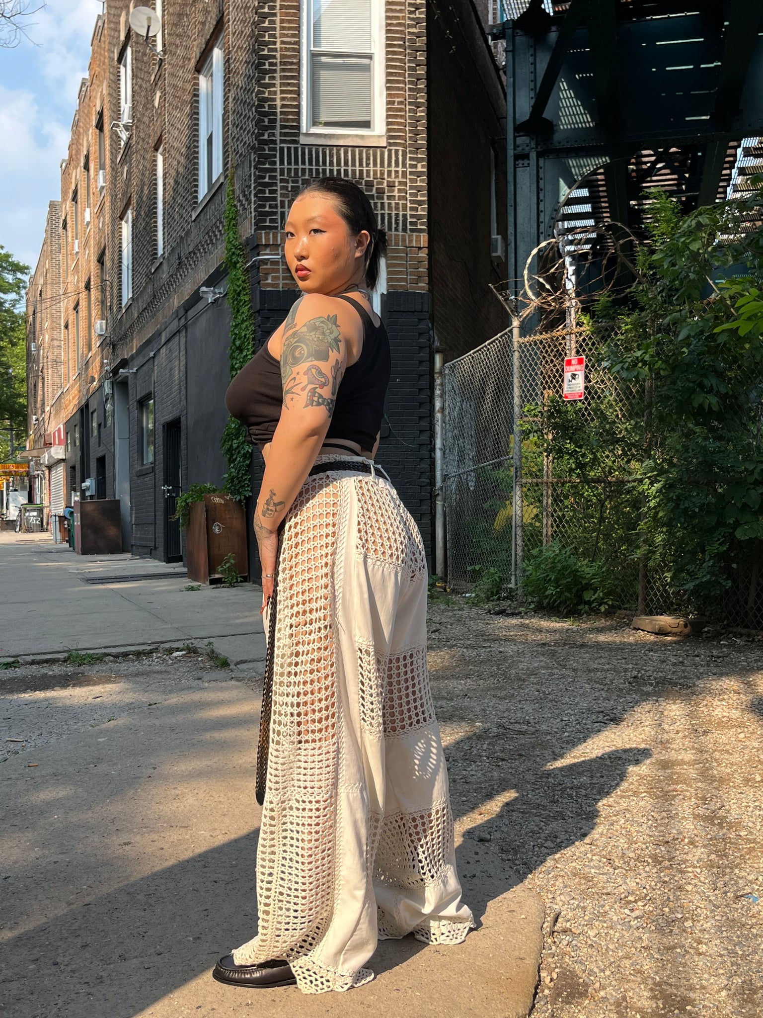 patchwork pant in crochet mesh
