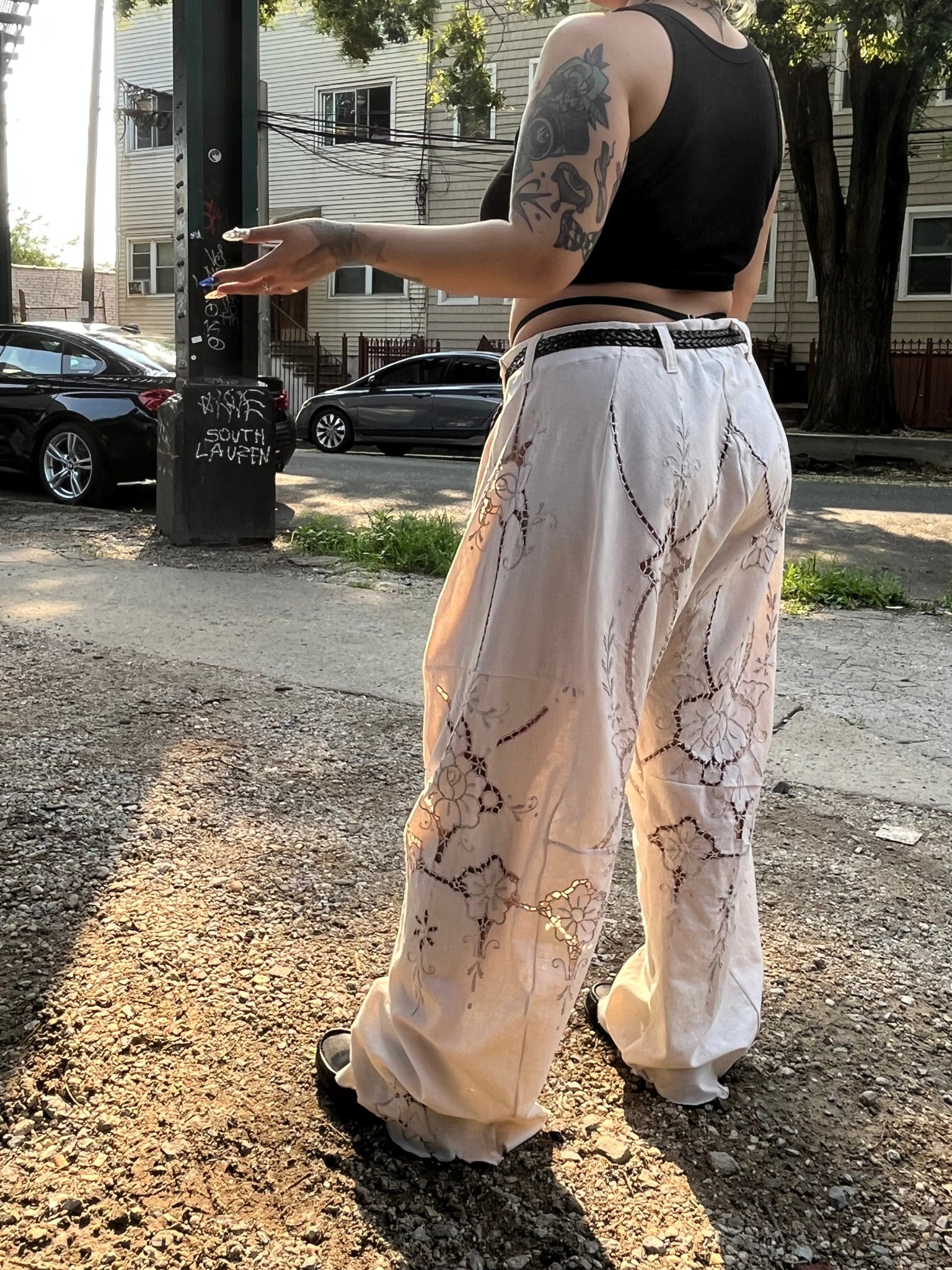 patchwork pant in rose antique lace
