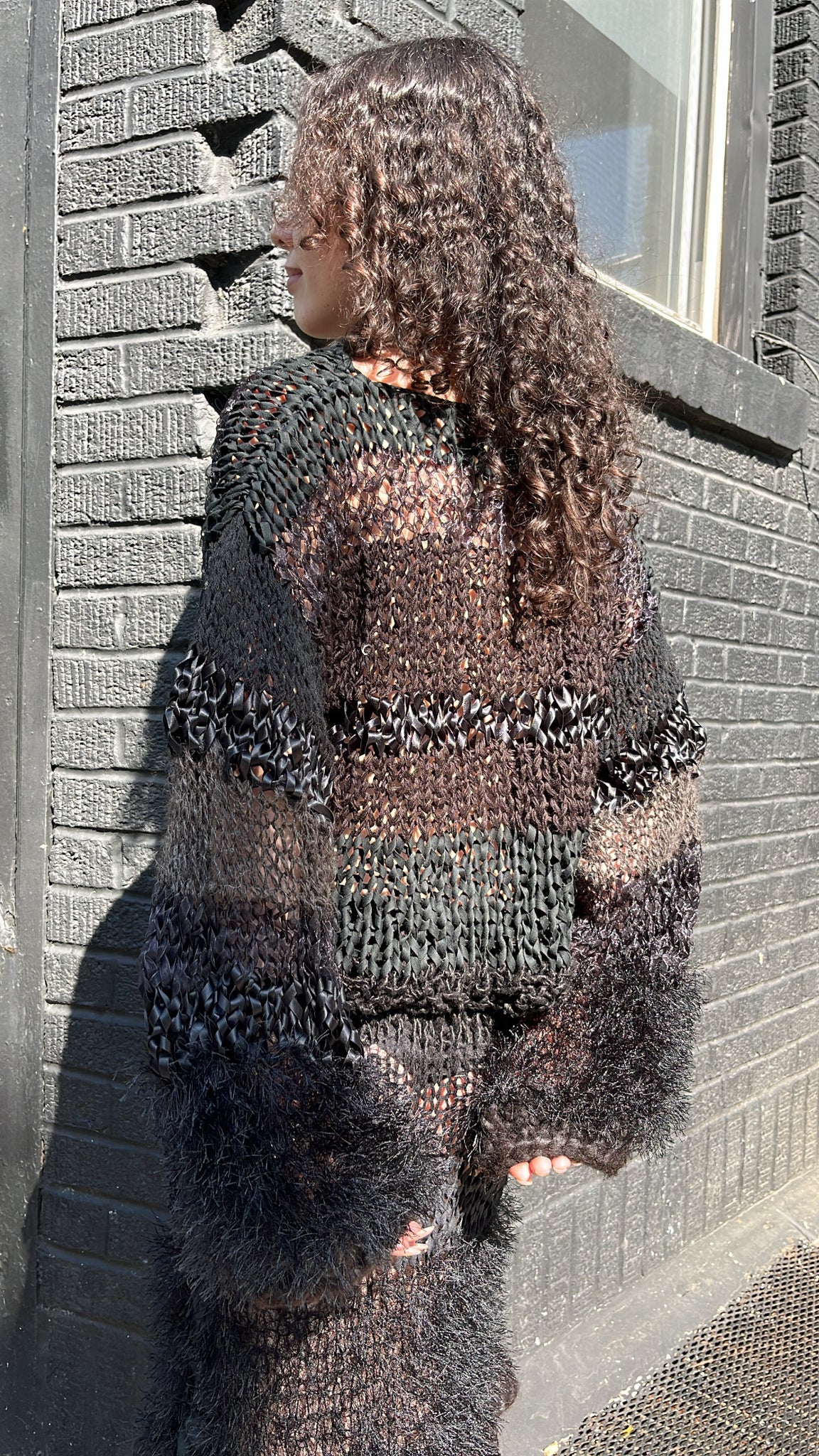 black mixed yarn hand knit cardigan