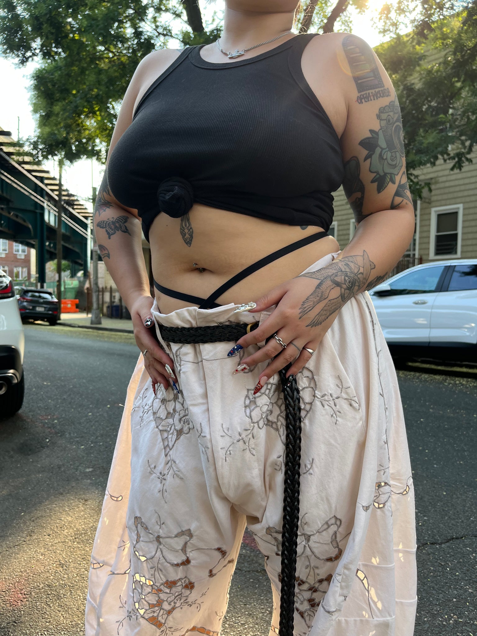 patchwork pant in heart cut out antique lace
