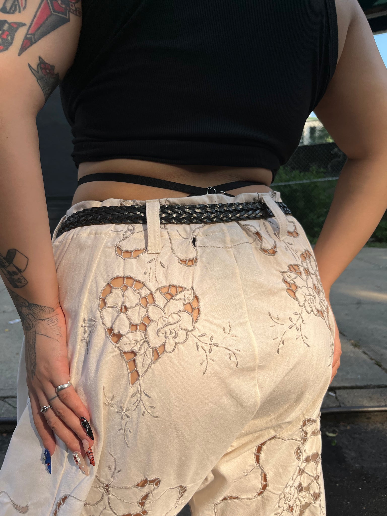 patchwork pant in heart cut out antique lace