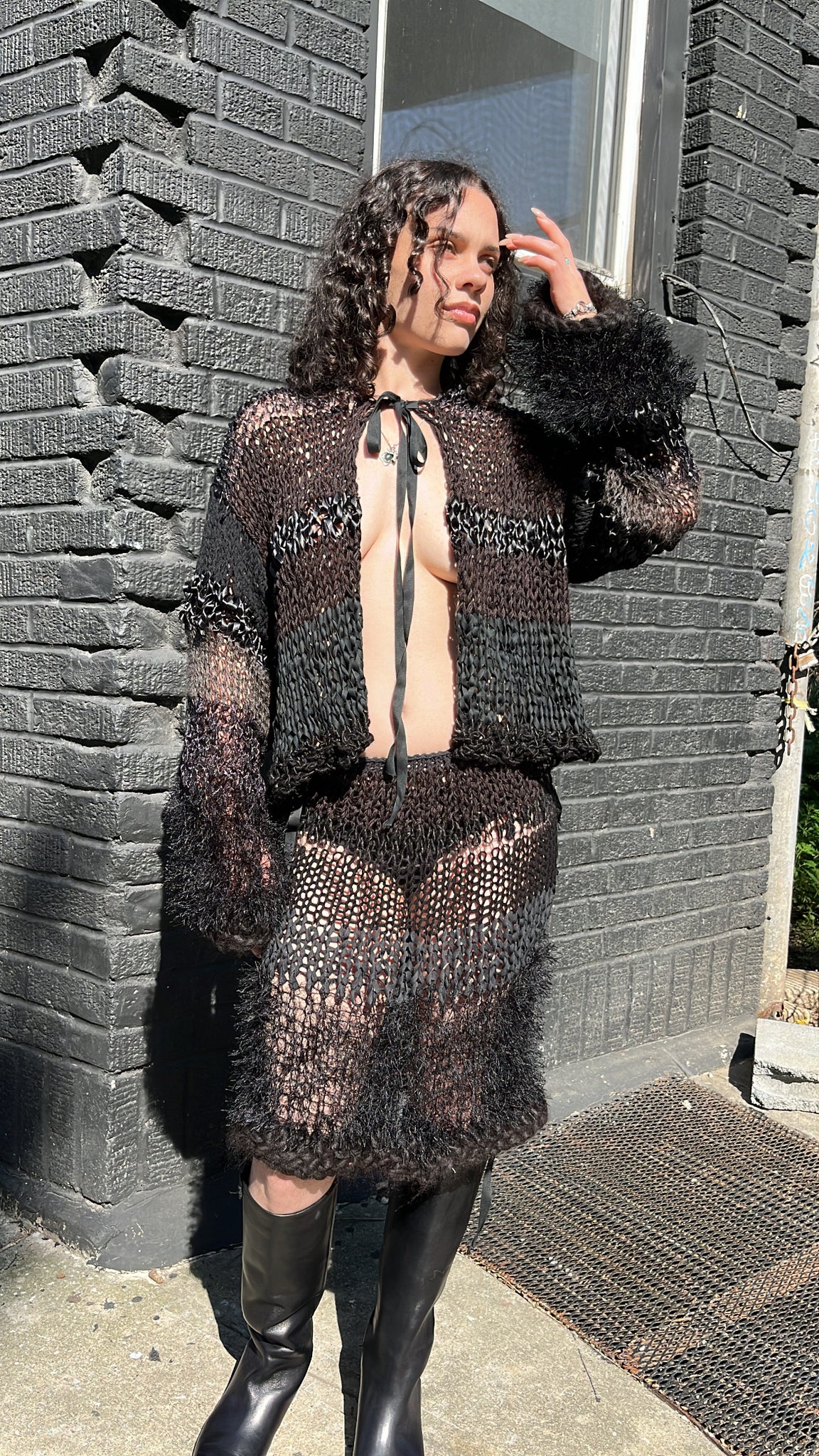 black mixed yarn hand knit skirt