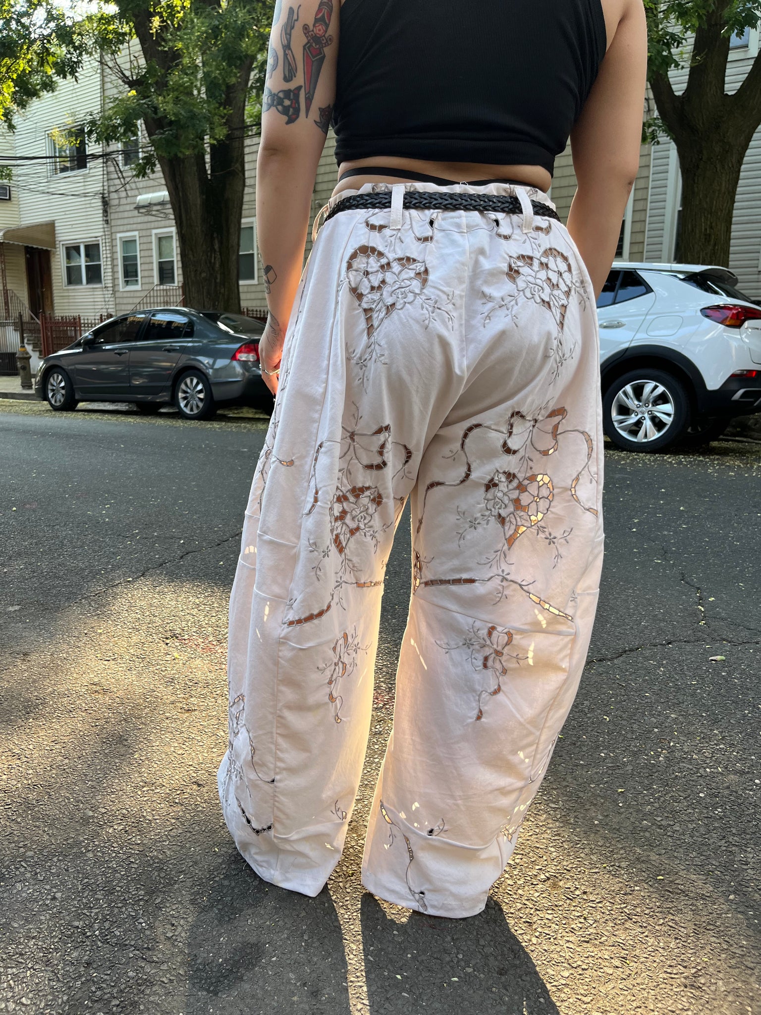 patchwork pant in heart cut out antique lace
