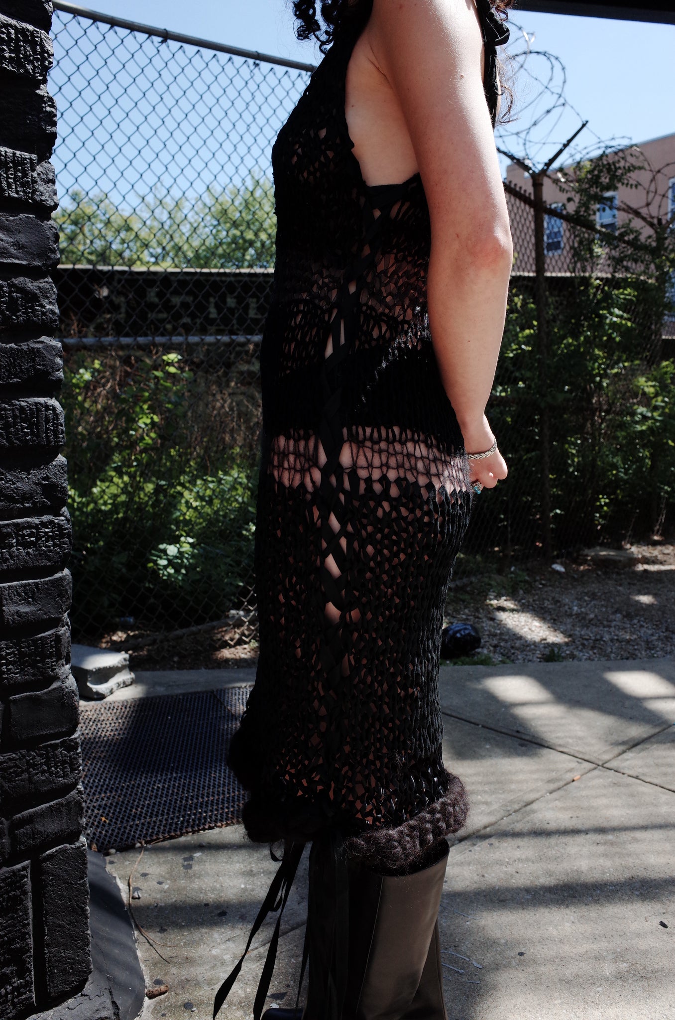 black mixed yarn hand knit dress