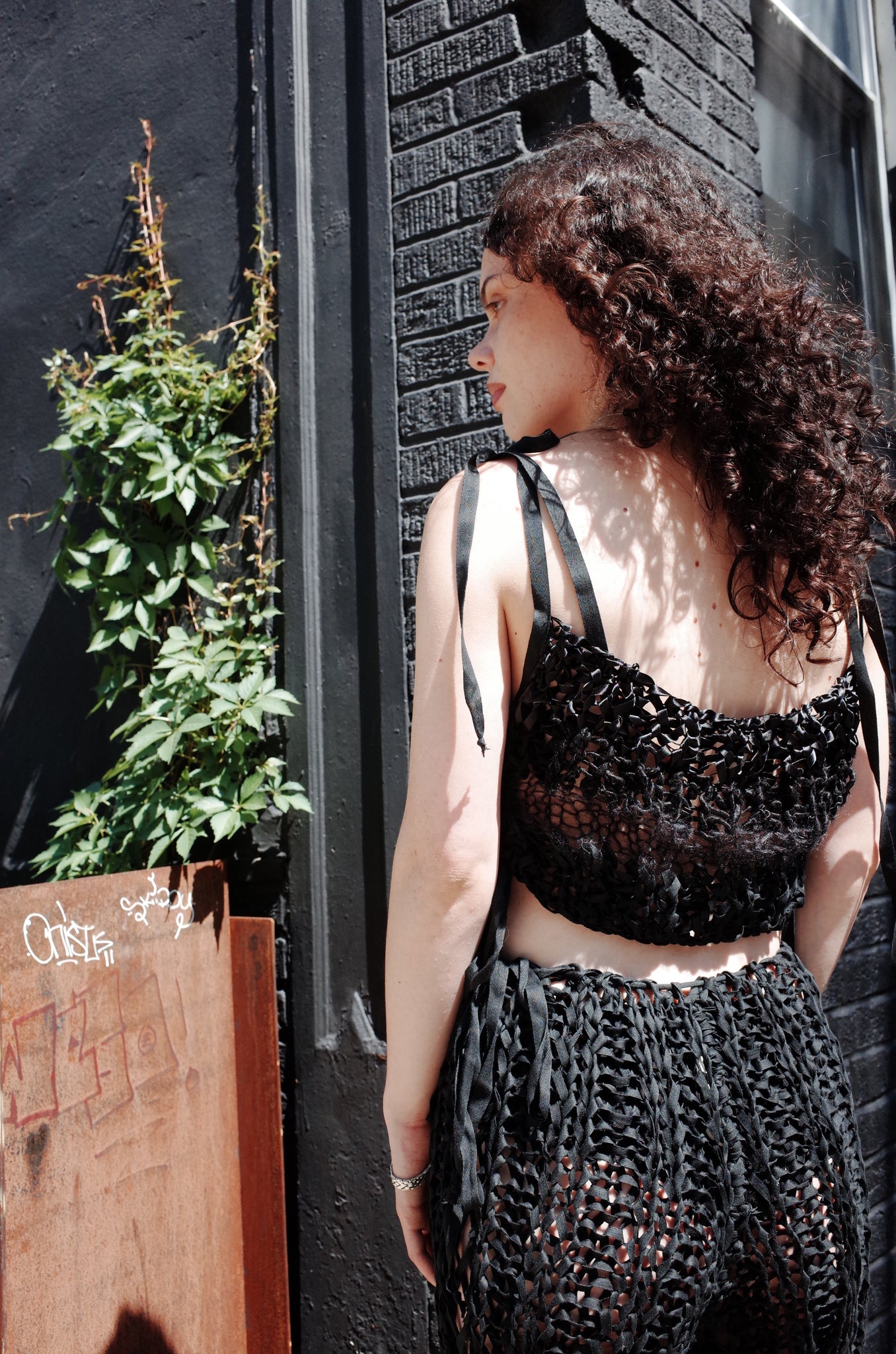 black mixed yarn hand knit tank