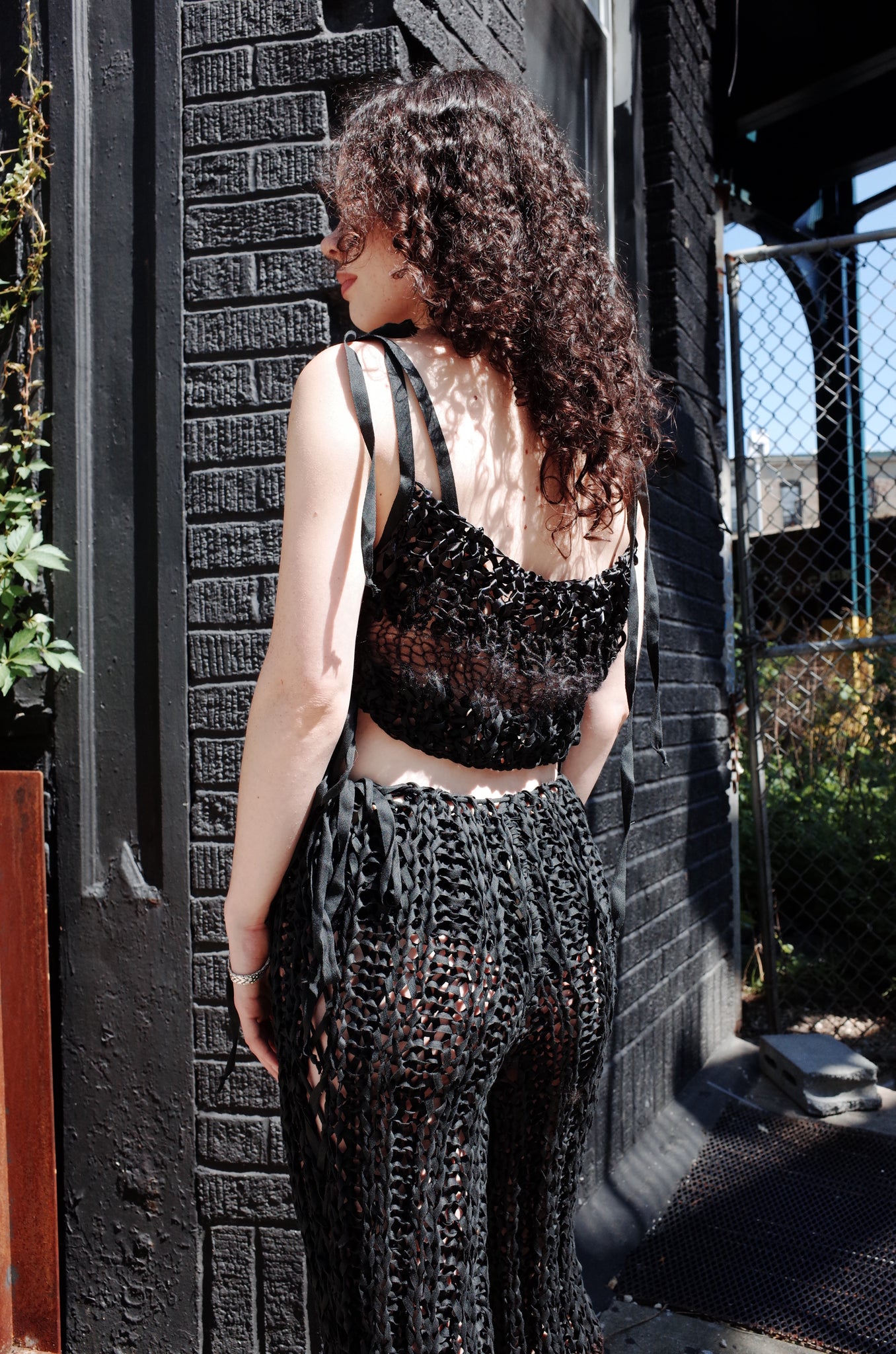 black mixed yarn hand knit pants