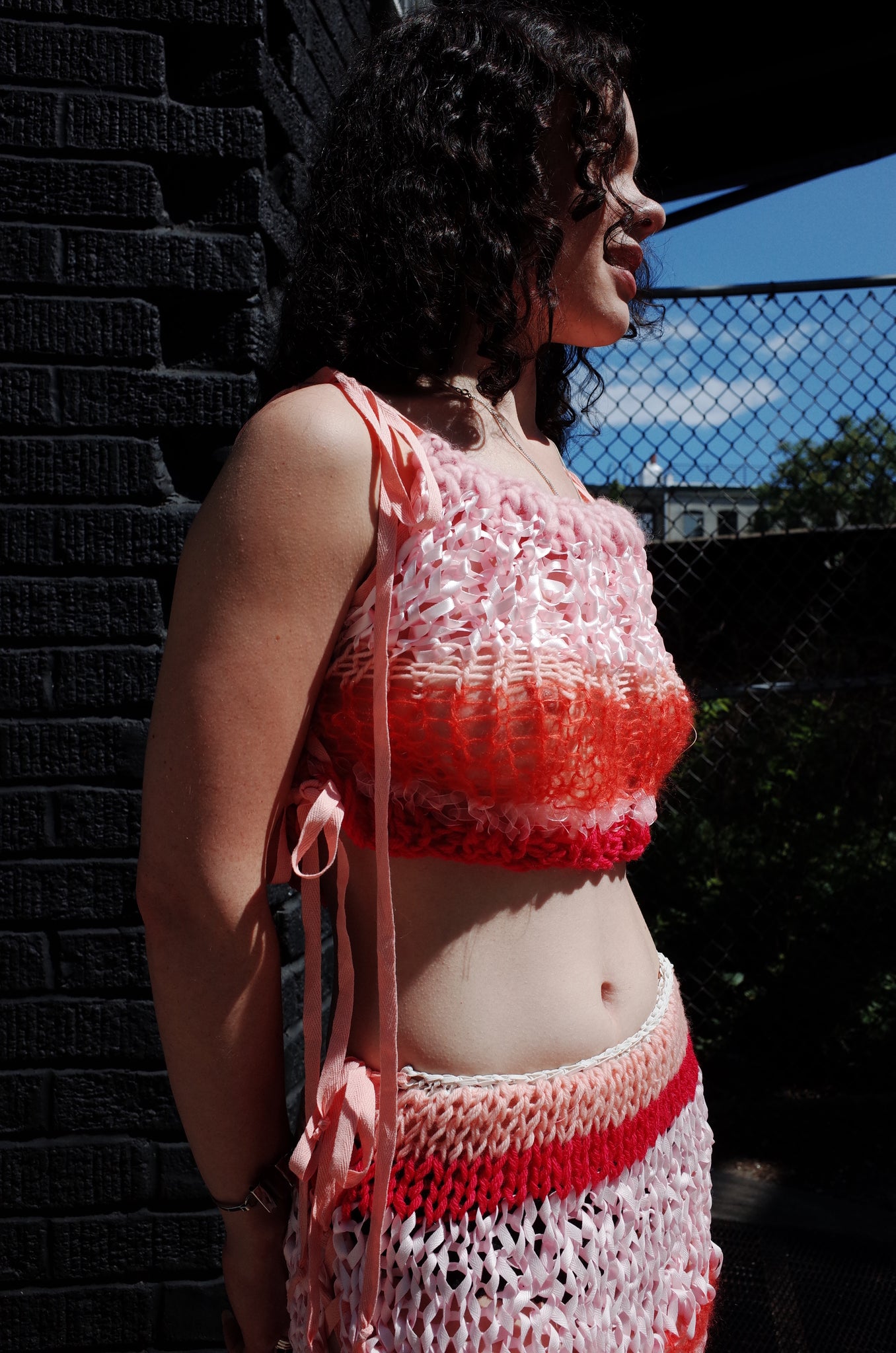 pink mixed yarn hand knit tank