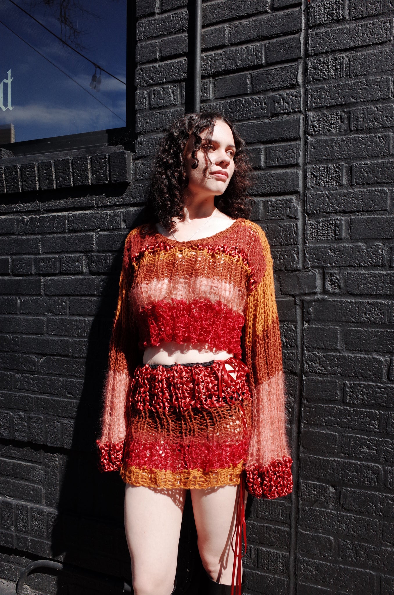 rust mixed yarn hand knit skirt