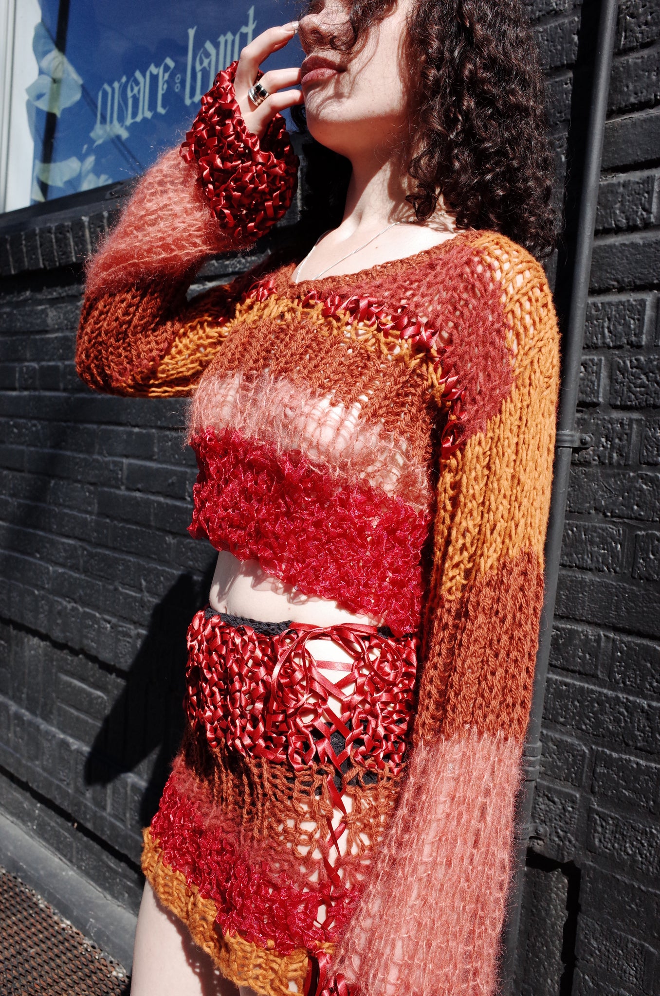 rust mixed yarn hand knit sweater