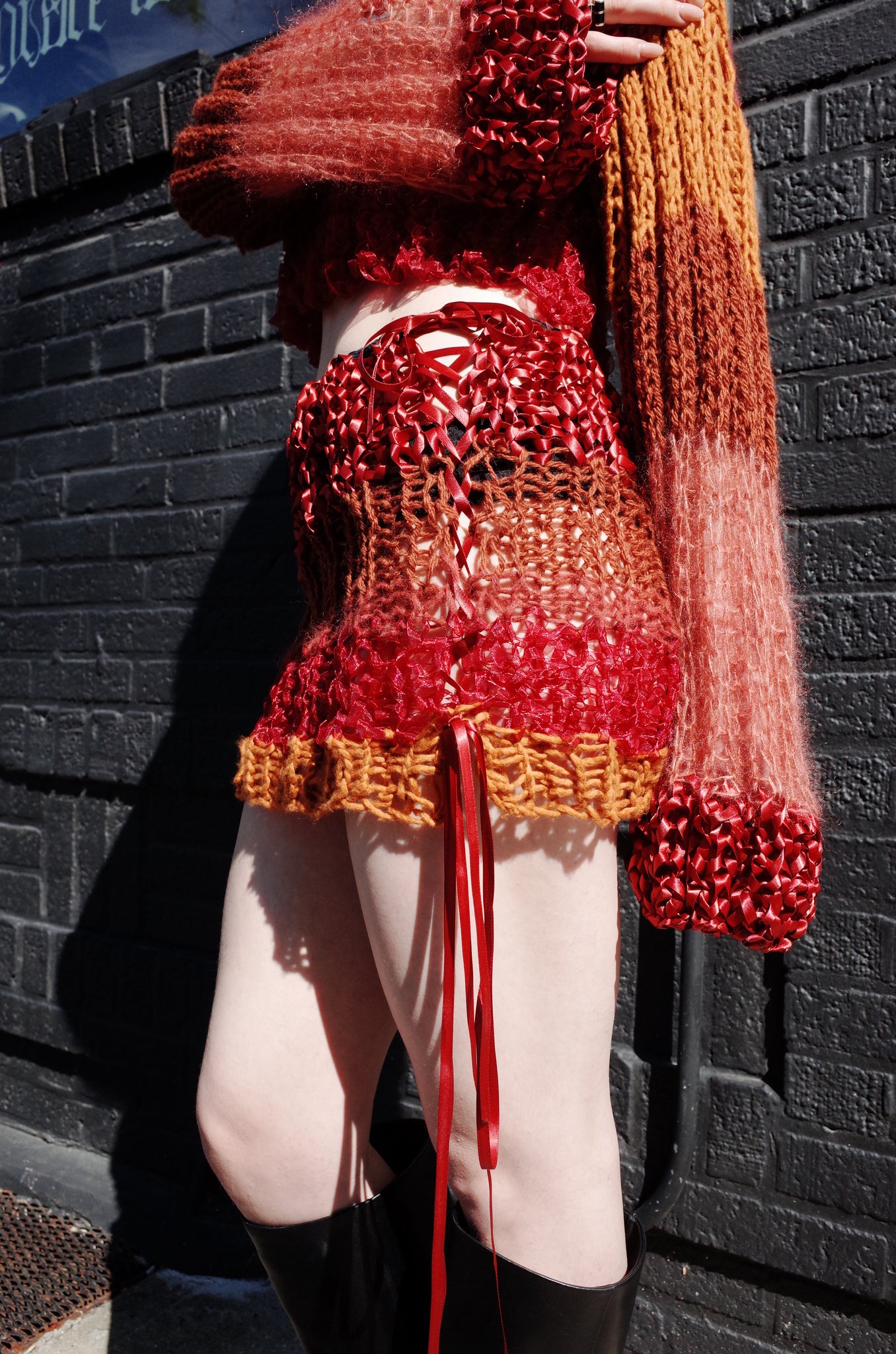 rust mixed yarn hand knit skirt