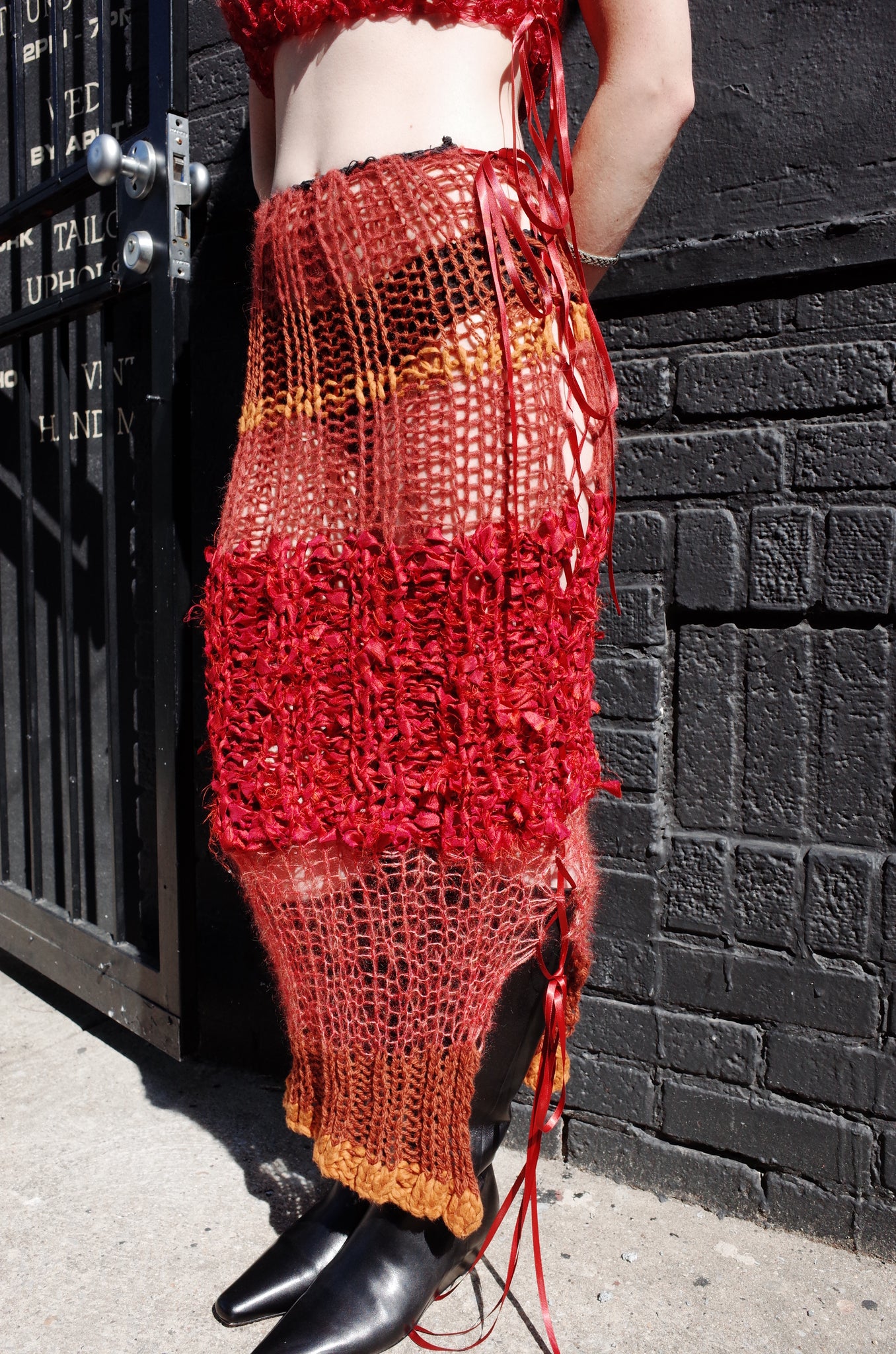 rust mixed yarn hand knit long skirt