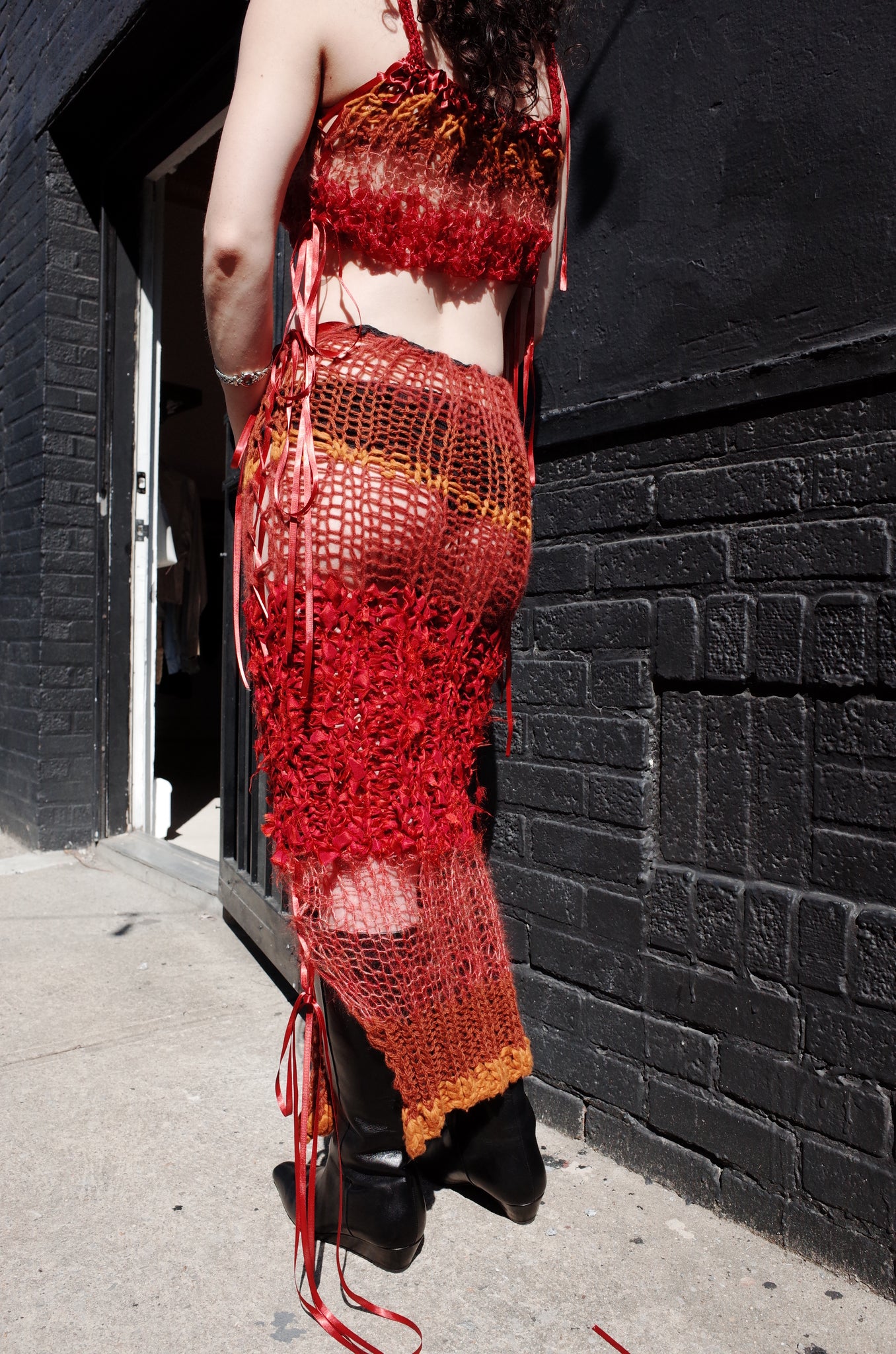 rust mixed yarn hand knit long skirt
