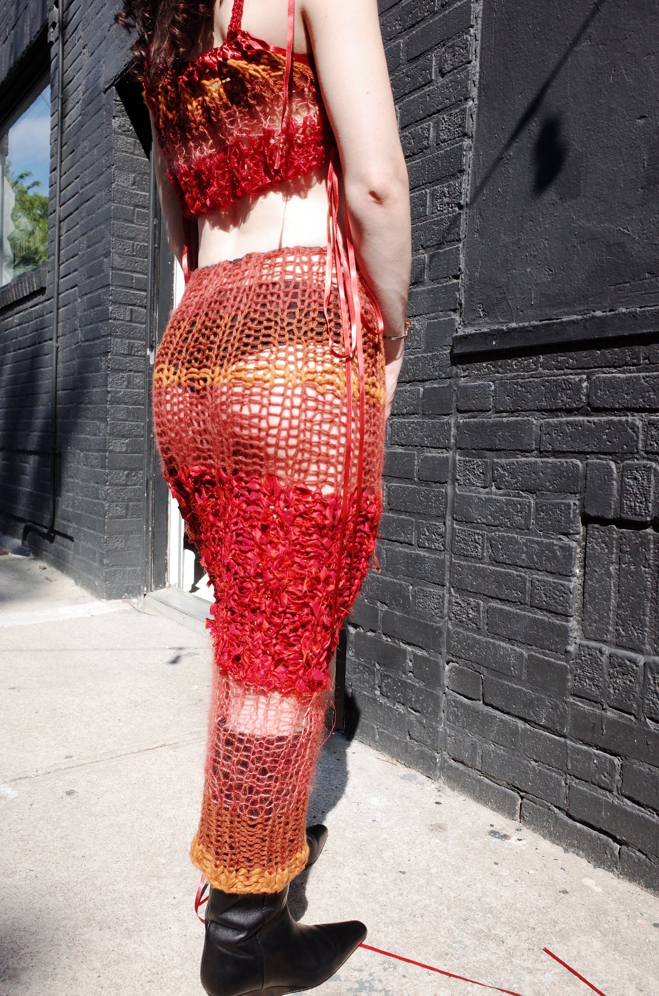 rust mixed yarn hand knit long skirt