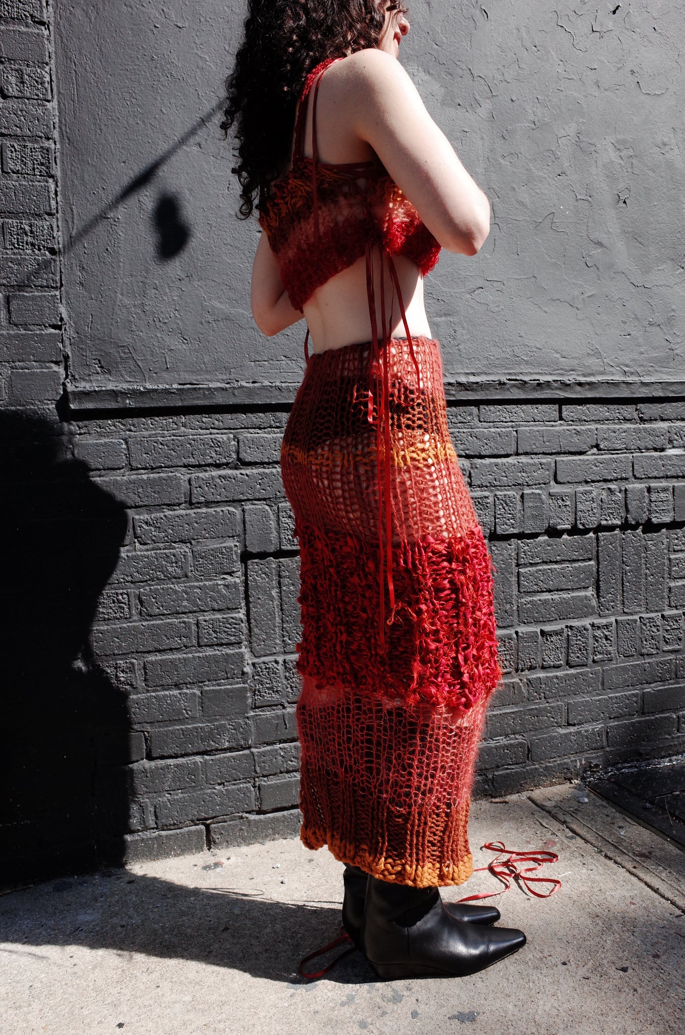 rust mixed yarn hand knit long skirt