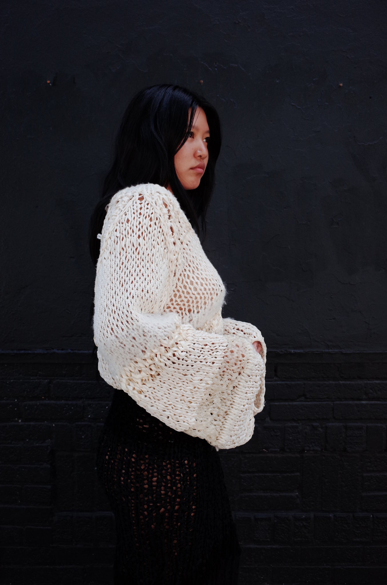 tonal ivory mixed yarn hand knit sweater
