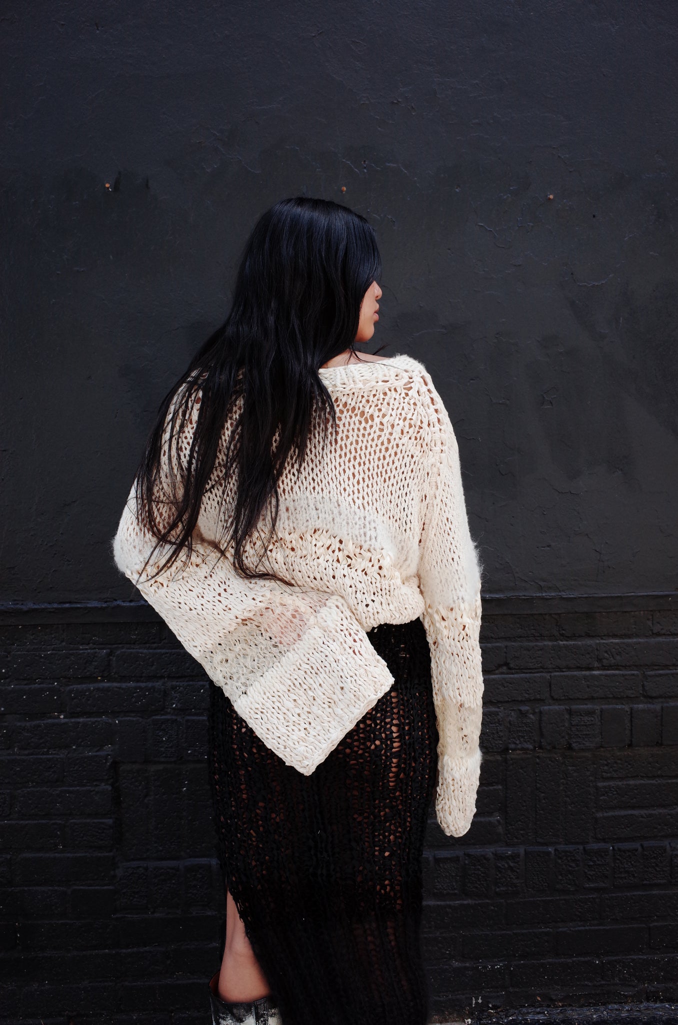 tonal ivory mixed yarn hand knit sweater