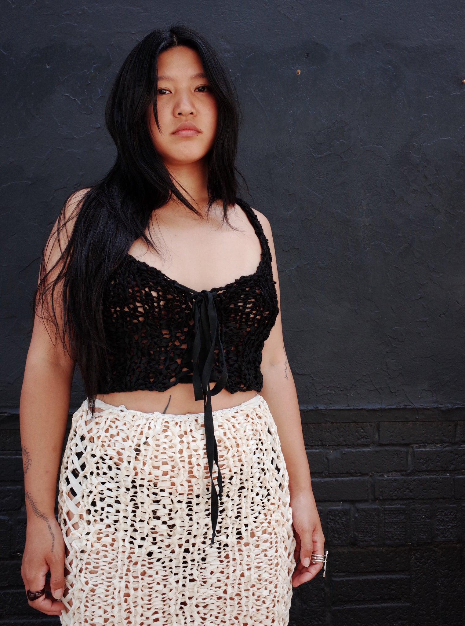 black mixed yarn hand knit front lace tank