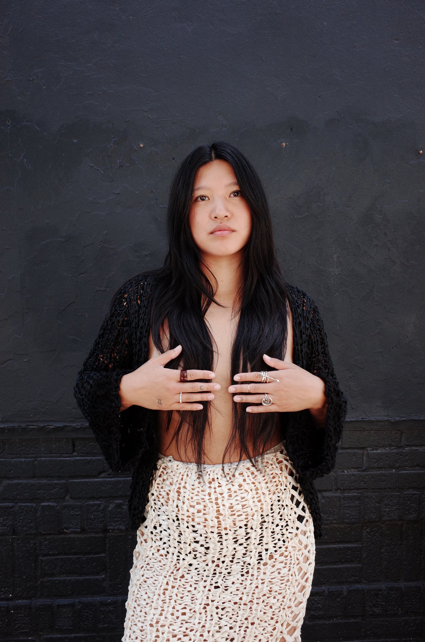 black mixed yarn hand knit cardigan