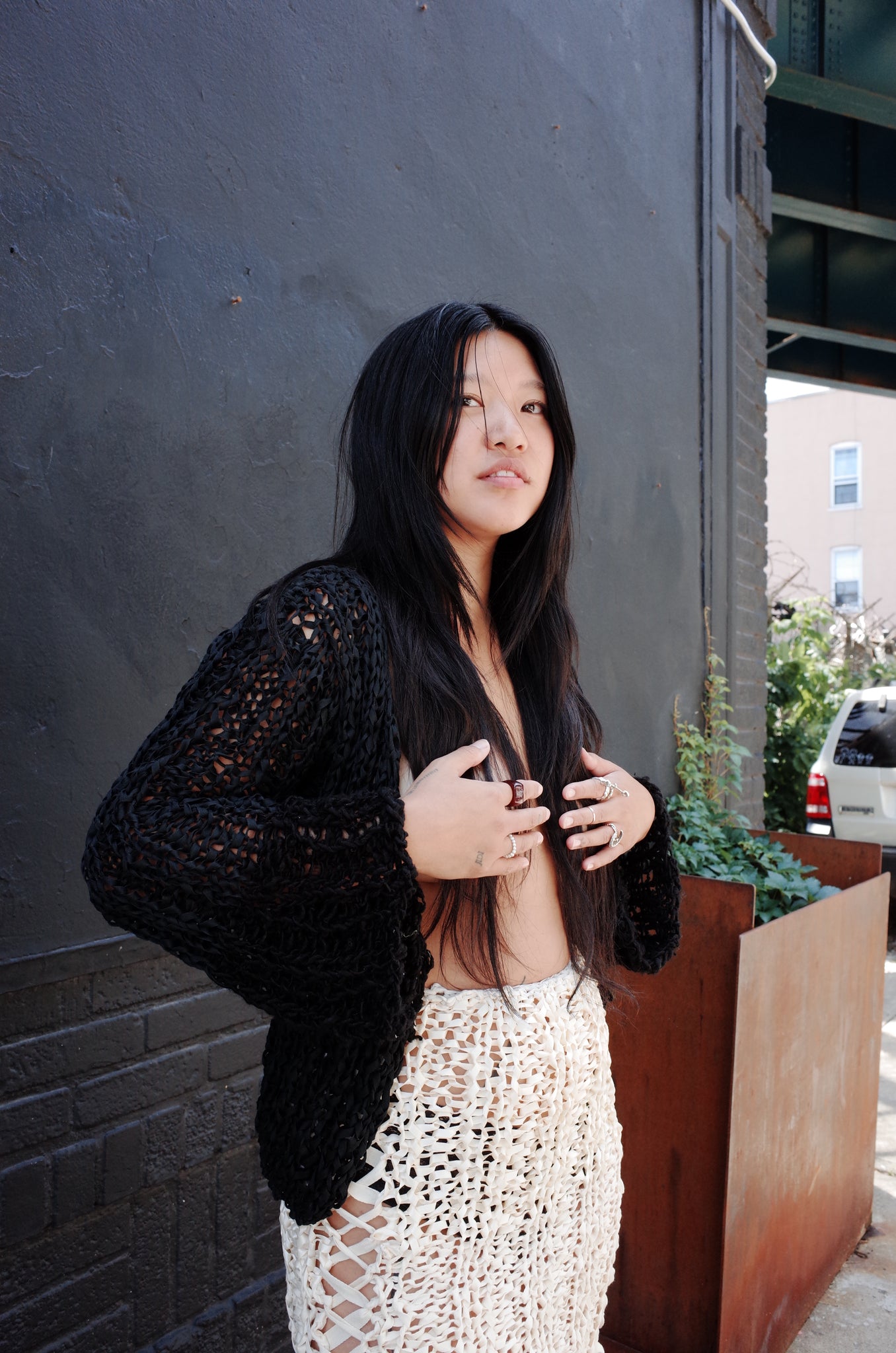 black mixed yarn hand knit cardigan