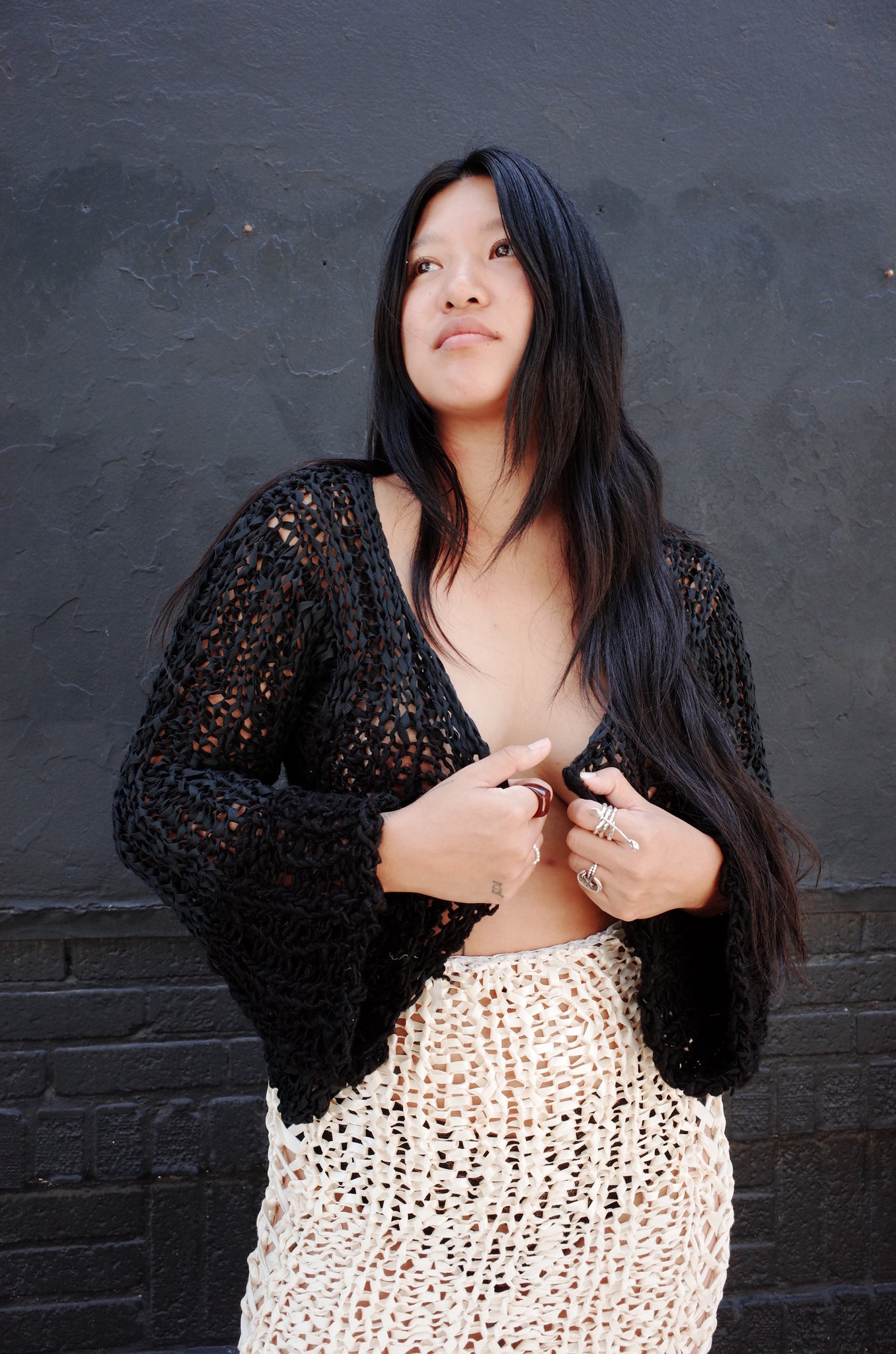 black mixed yarn hand knit cardigan