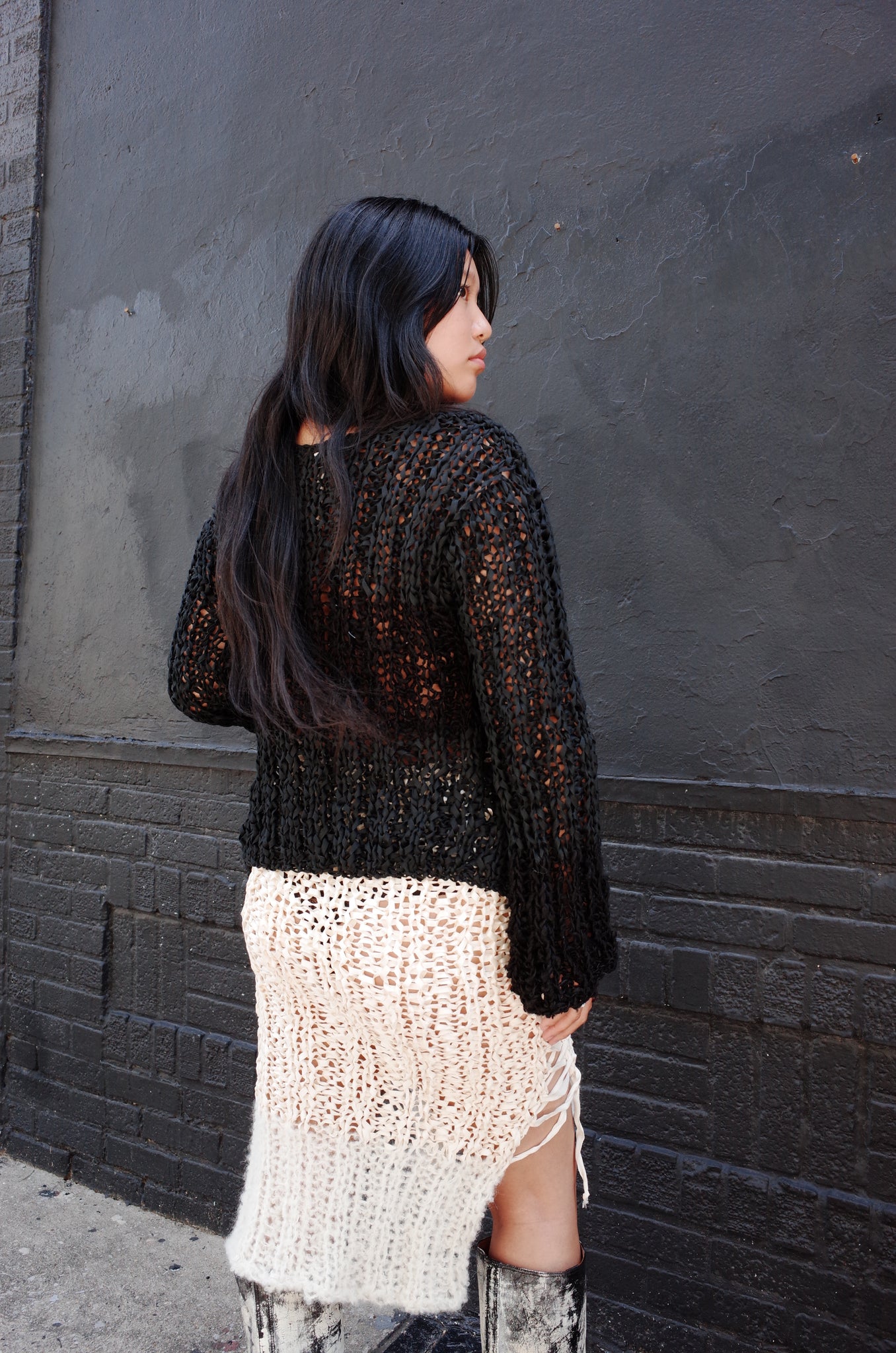 black mixed yarn hand knit cardigan